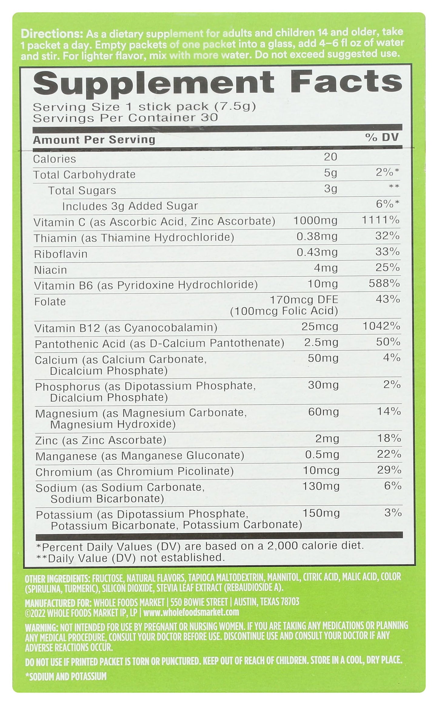 365 by Whole Foods Market Effervescent Vitamin C Powder Kiwi Strawberry, 30 Count