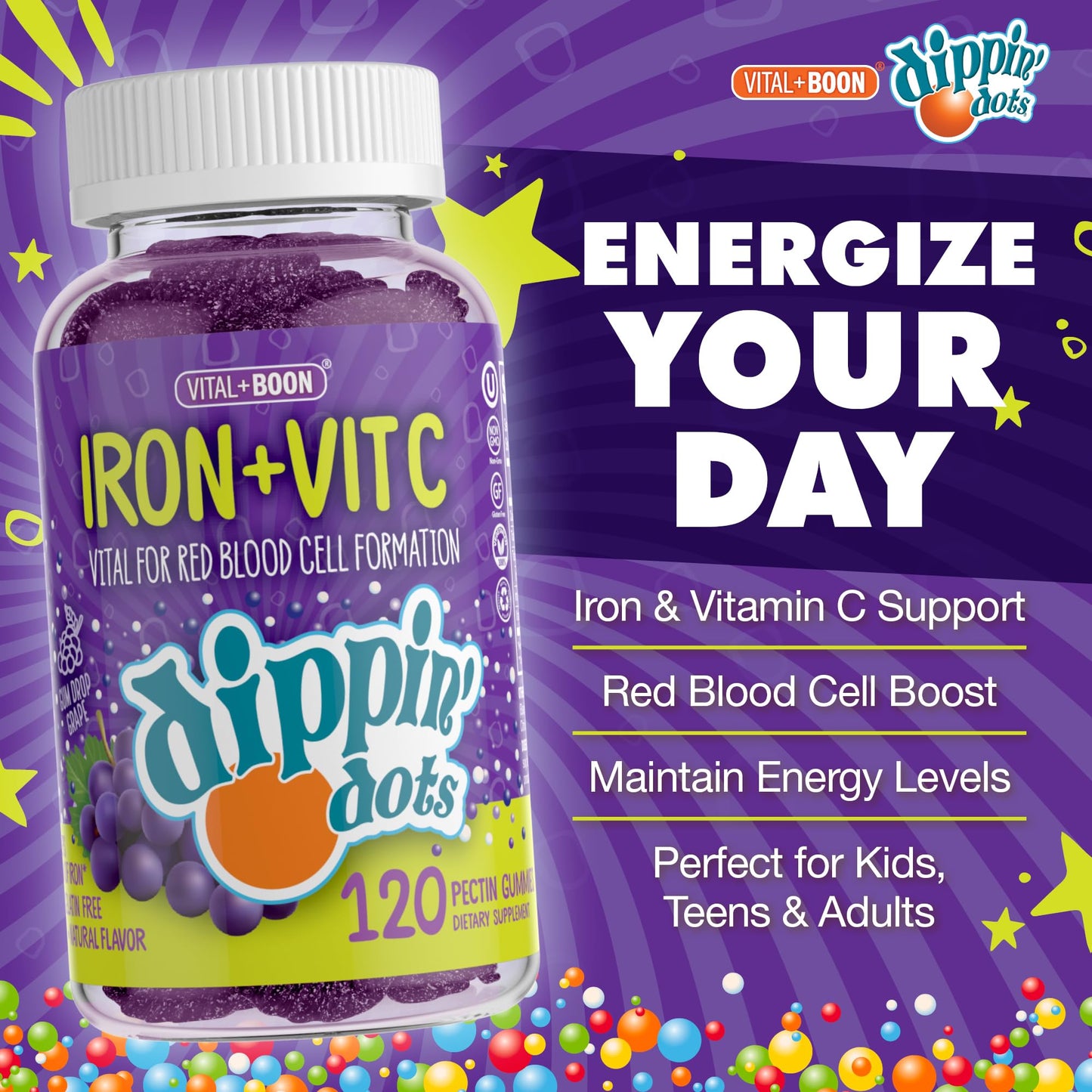 Vital+Boon Iron with Vitamin C & B12 Gummies, 120 Count