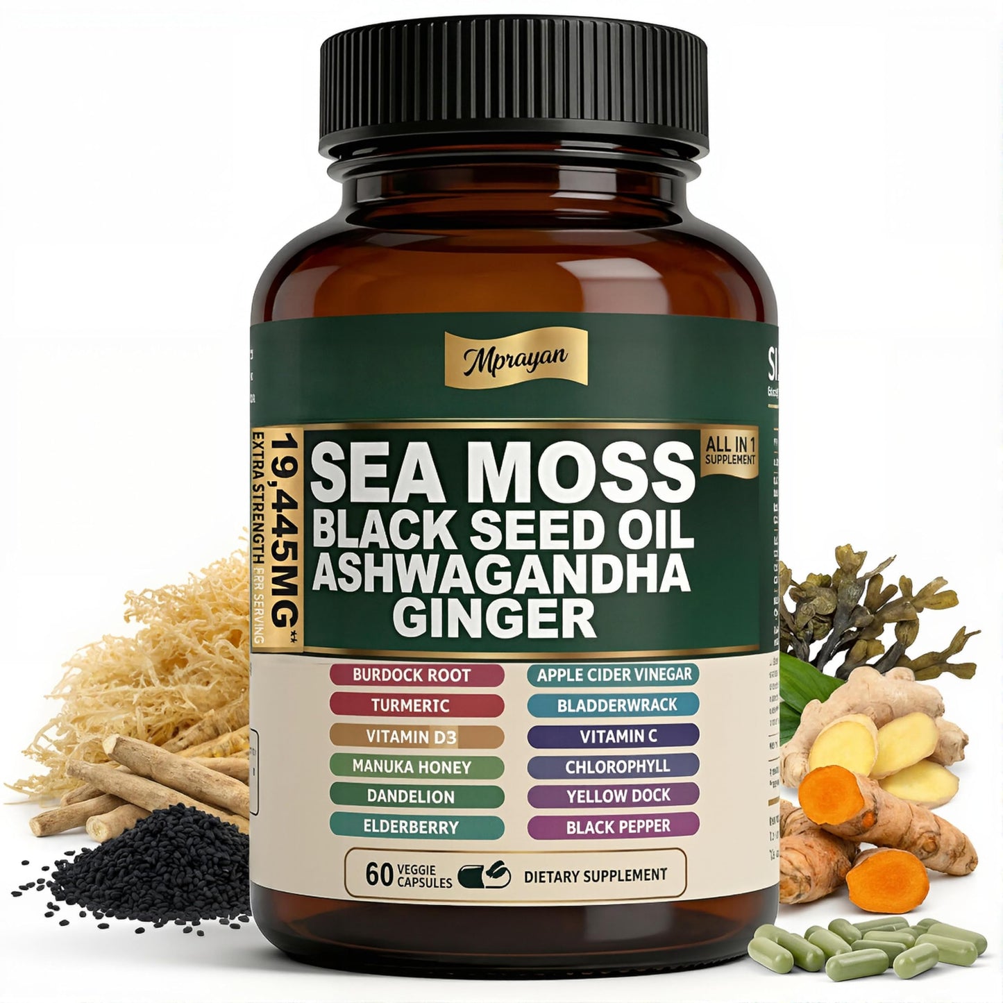 MPRAYAN Sea Moss Black Seed Oil Ashwagandha 10:1 Extract Blend Capsules, 60 Count