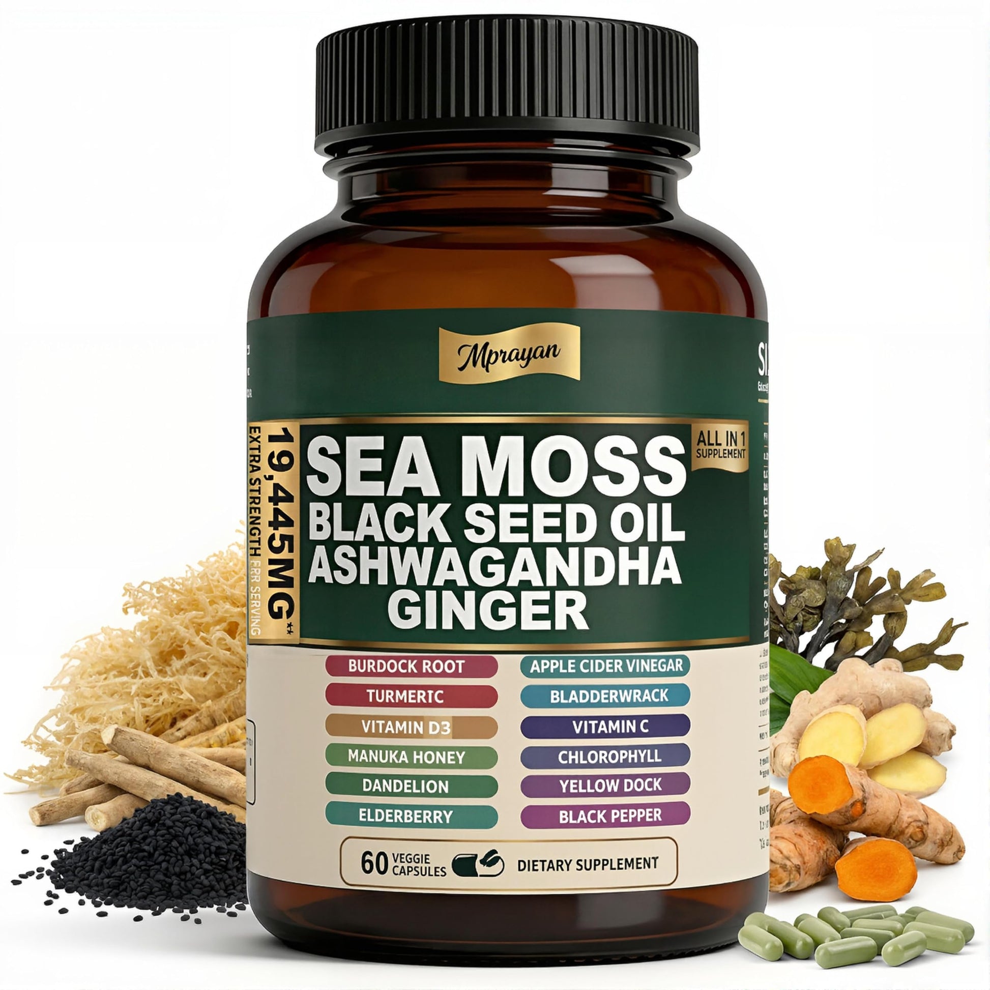 MPRAYAN Sea Moss Black Seed Oil Ashwagandha 10:1 Extract Blend Capsules, 60 Count