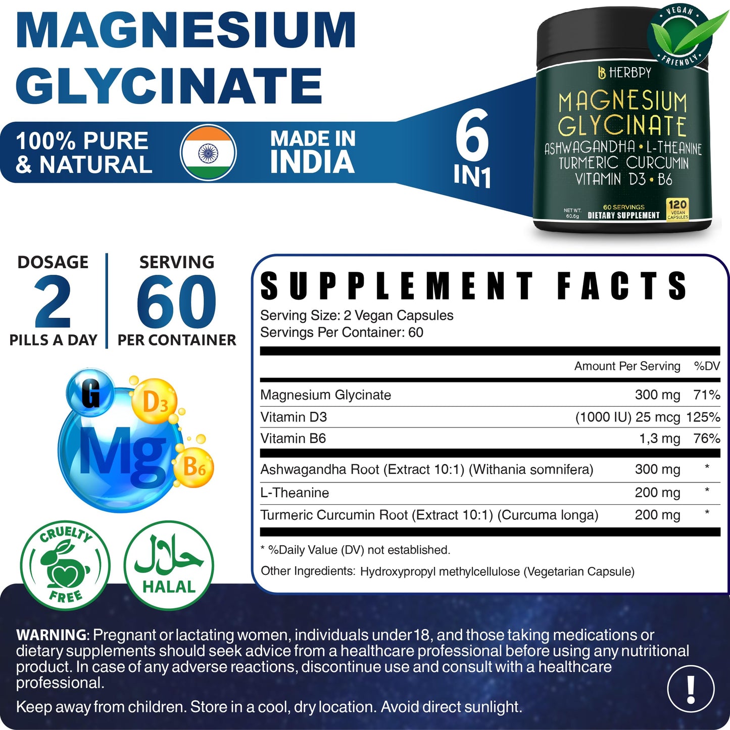 Herbpy 6in1 Restful Day and Night Supplement with Magnesium Glycinate, Vitamin D3, B6, L-Theanine, Ashwagandha and Turmeric Root - Brain, Heart and Digestive Health Support, 120 Vegan Capsules