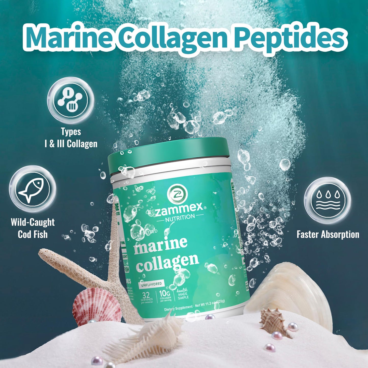 Zammex Marine Collagen Peptides Powder 11.3 Ounce