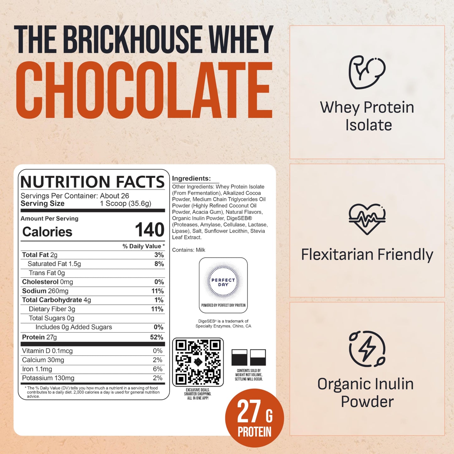 Brickhouse Nutrition Whey Protein Powder, Fermented Whey Isolate, Lactose-Free Post-Workout Recovery, Chocolate, 34 Servings
