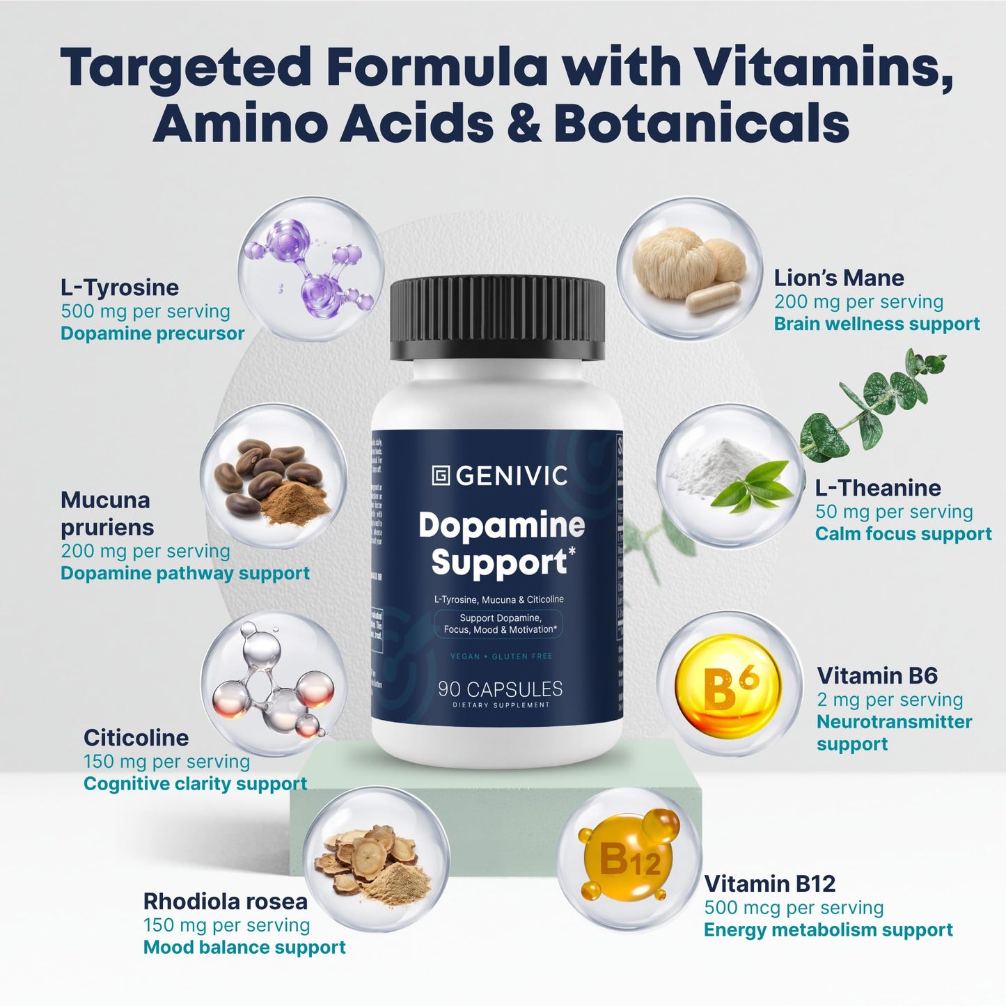 Genivic Dopamine Support Supplements for Men Women - Natural Brain Food Supplement for Adults with L-Tyrosine Mucuna Vitamin B6 - Focus Mood Balance Cognitive Wellness Support Pills Capsule 90 Count