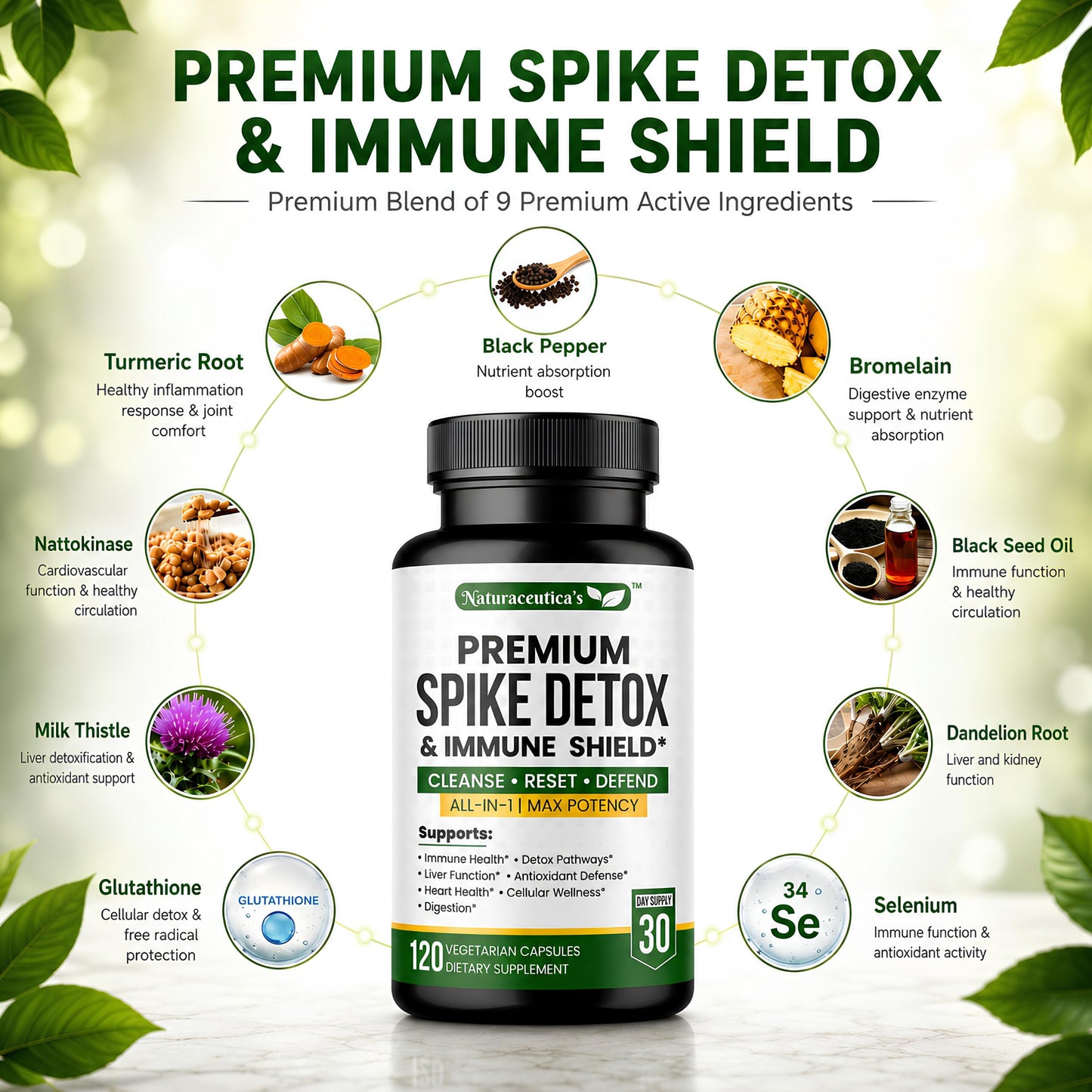 Naturaceutica's Premium Spike Protein Detox Wellness Formula – 8X Potency Nattokinase, Bromelain, Curcumin, Milk Thistle for Spike Support, Antioxidant & Immune Support, Liver & Heart Health Capsules 120