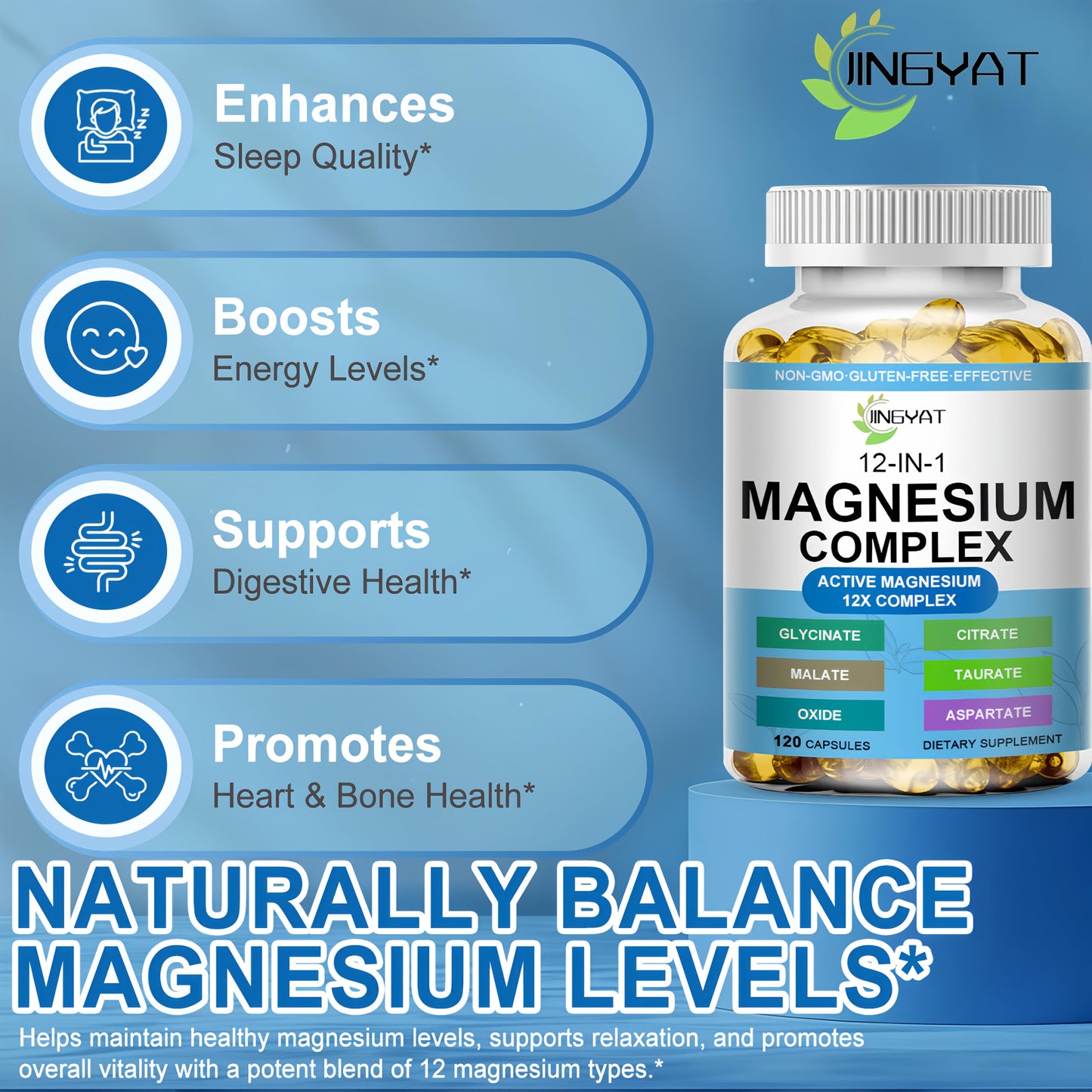 JINGYAT Magnesium Complex Softgels - 12-in-1 Magnesium Supplement with Glycinate, Citrate, Malate, Oxide, Taurate - High Absorption Magnesium Complex for Muscle, Heart, Sleep, Bone, Nerve Support, 120 Count