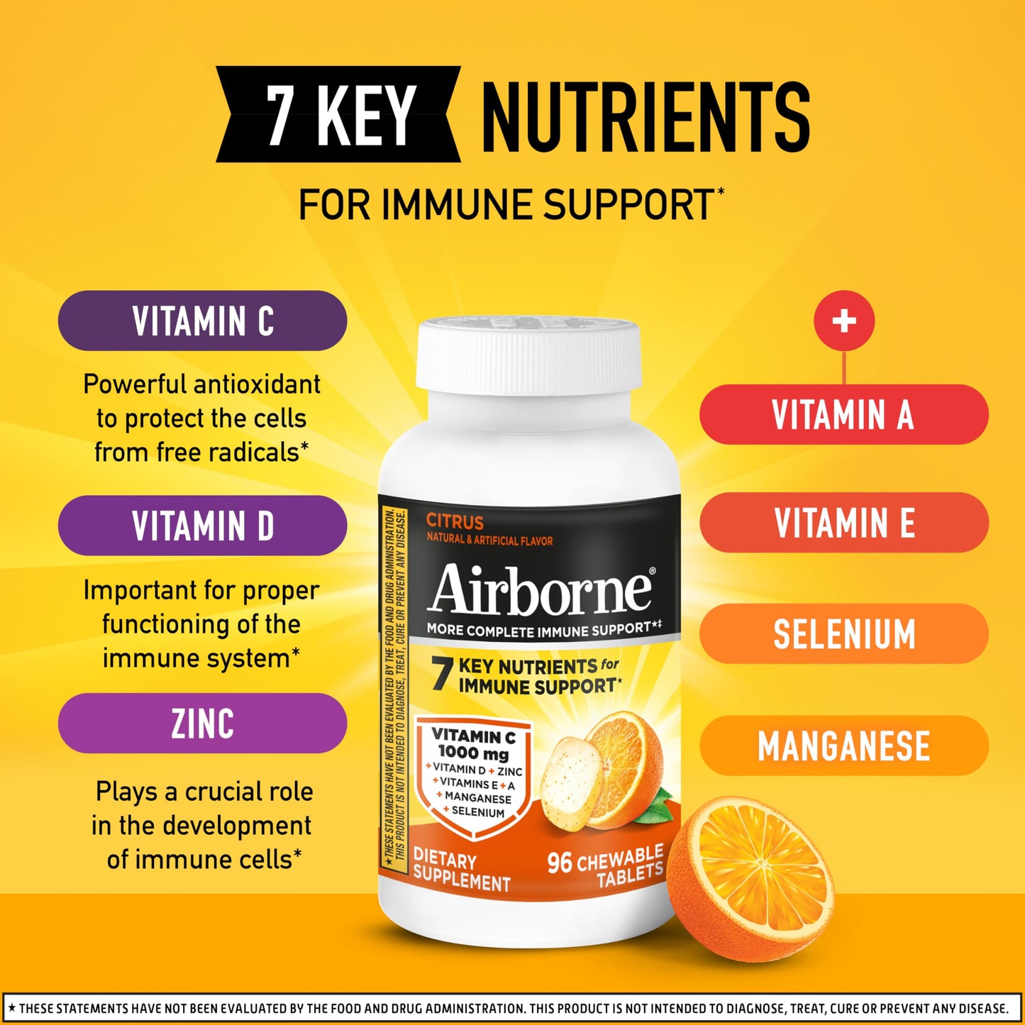 Airborne Vitamin C 1000mg Citrus Chewable Tablets, 96 Count