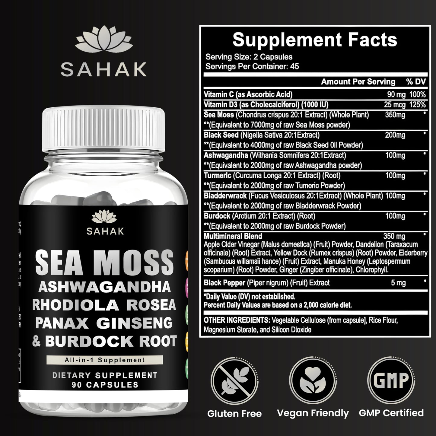 SAHAK Organic Sea Moss Capsules with Ashwagandha, Rhodiola, Panax Ginseng & Burdock Root, 90 Count