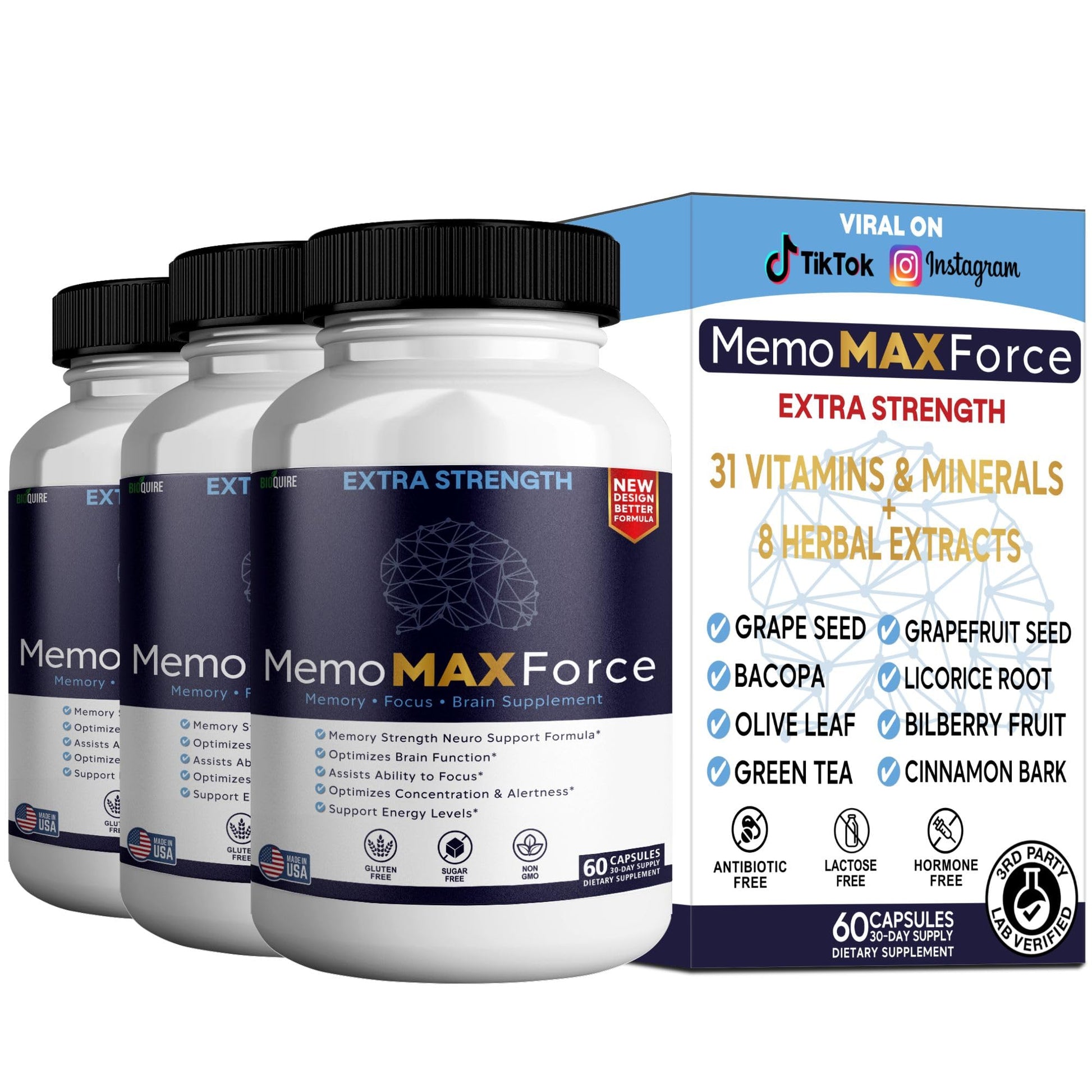 BIOQUIRE MemoMAX Force Extra Strength Brain Supplement 60 Capsules