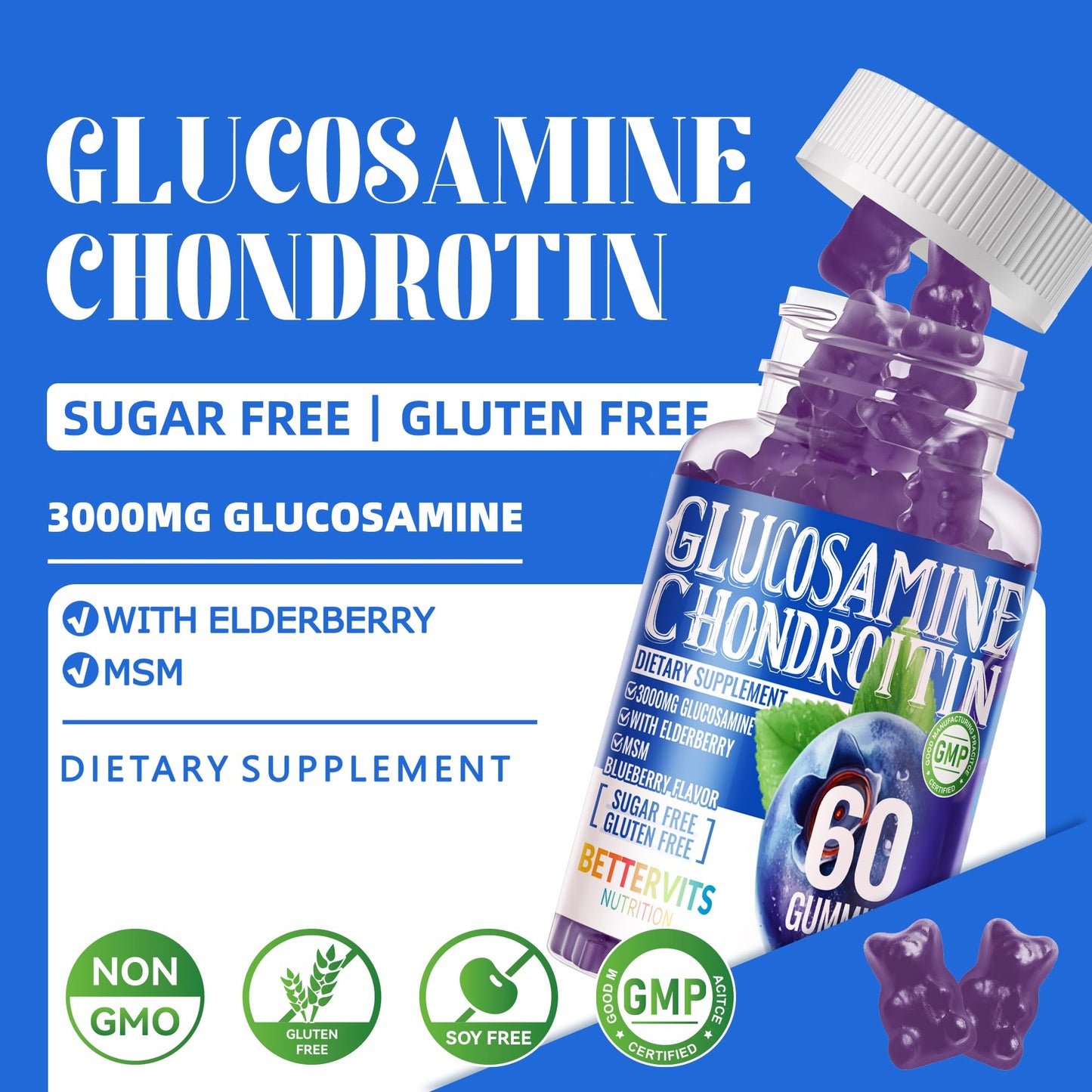Bettervits Nutrition Glucosamine Chondroitin with MSM & Elderberry Extra Strength, 60 Gummies