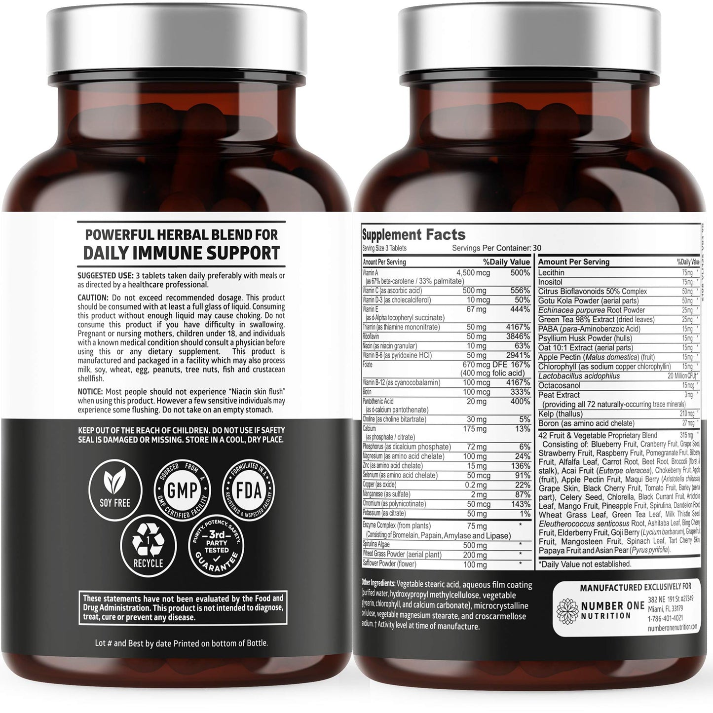 Number One Nutrition N1N Premium Plant Based Multivitamin [42 Powerful Ingredients] Men & Women Daily Multivitamins with Raw Veggies and Fruits, Probiotics, Alfalfa, Echinacea, Spirulina and Digestive Enzymes, 90 Tablets