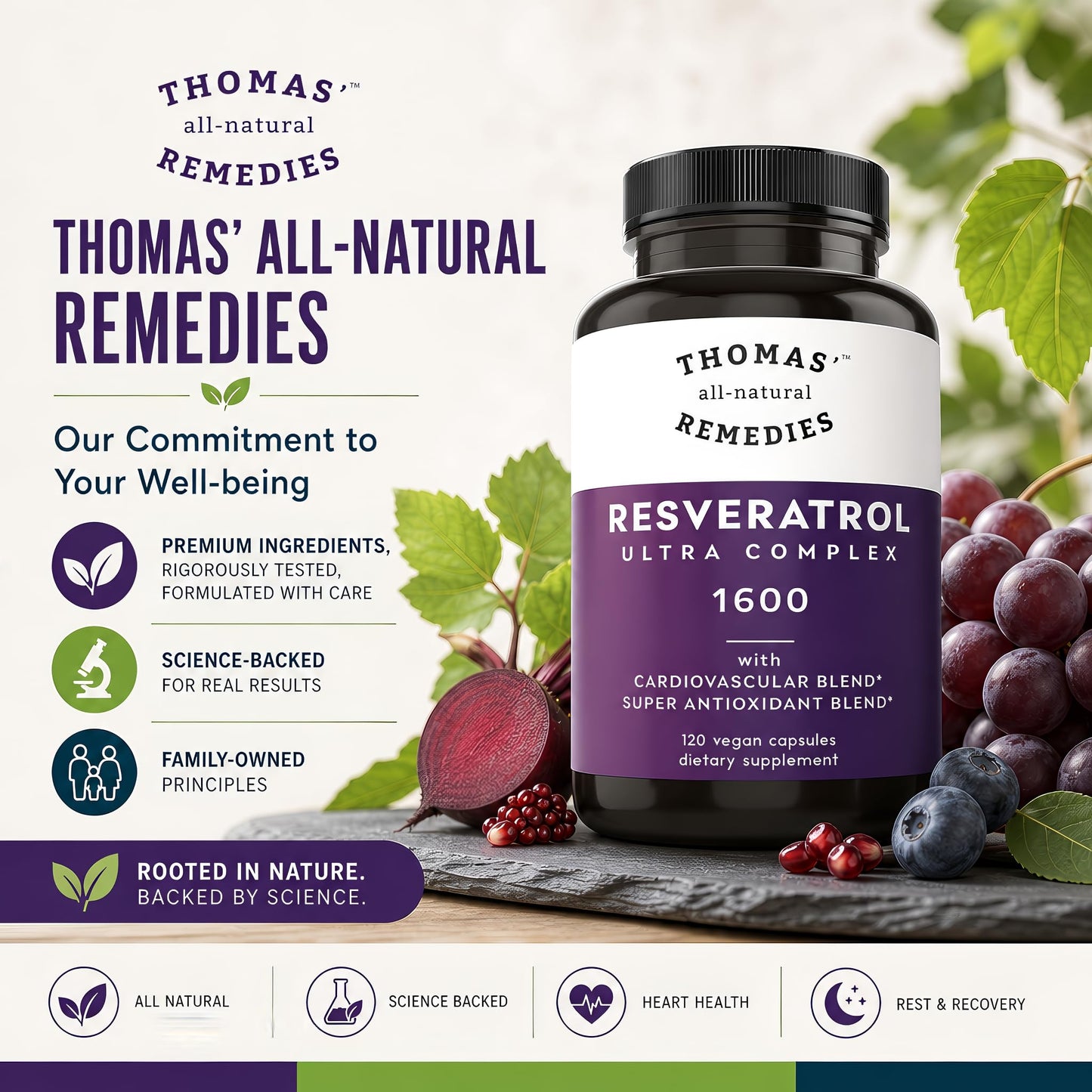 Thomas' all-natural Remedies Resveratrol 1600mg Organic Trans-Resveratrol Antioxidant Supplement with Organic Grape Seed Extract and Quercetin, Anti-Aging and Cardiovascular Support, 120 Capsules
