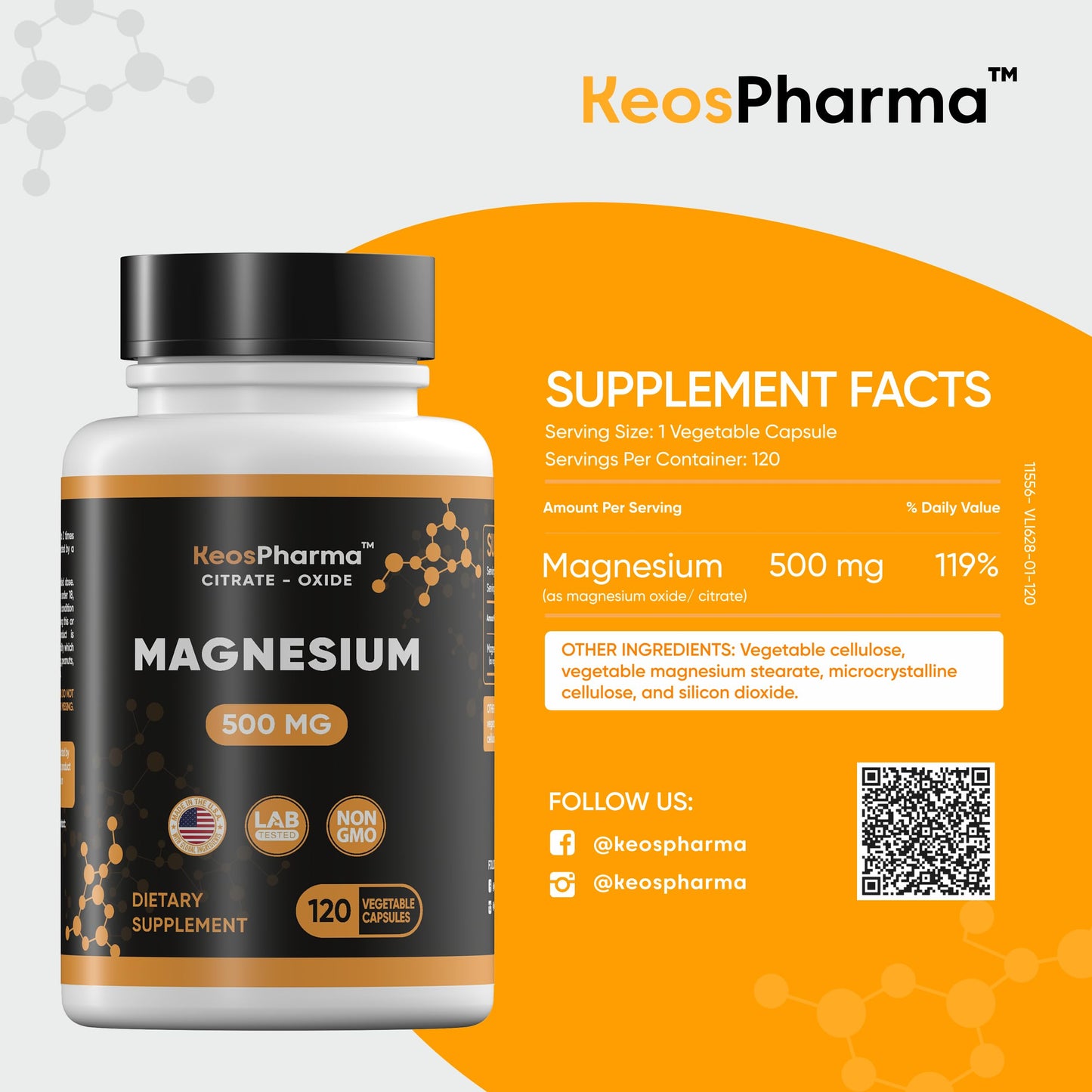 KeosPharma Magnesium Citrate 500mg Capsules 120 Count