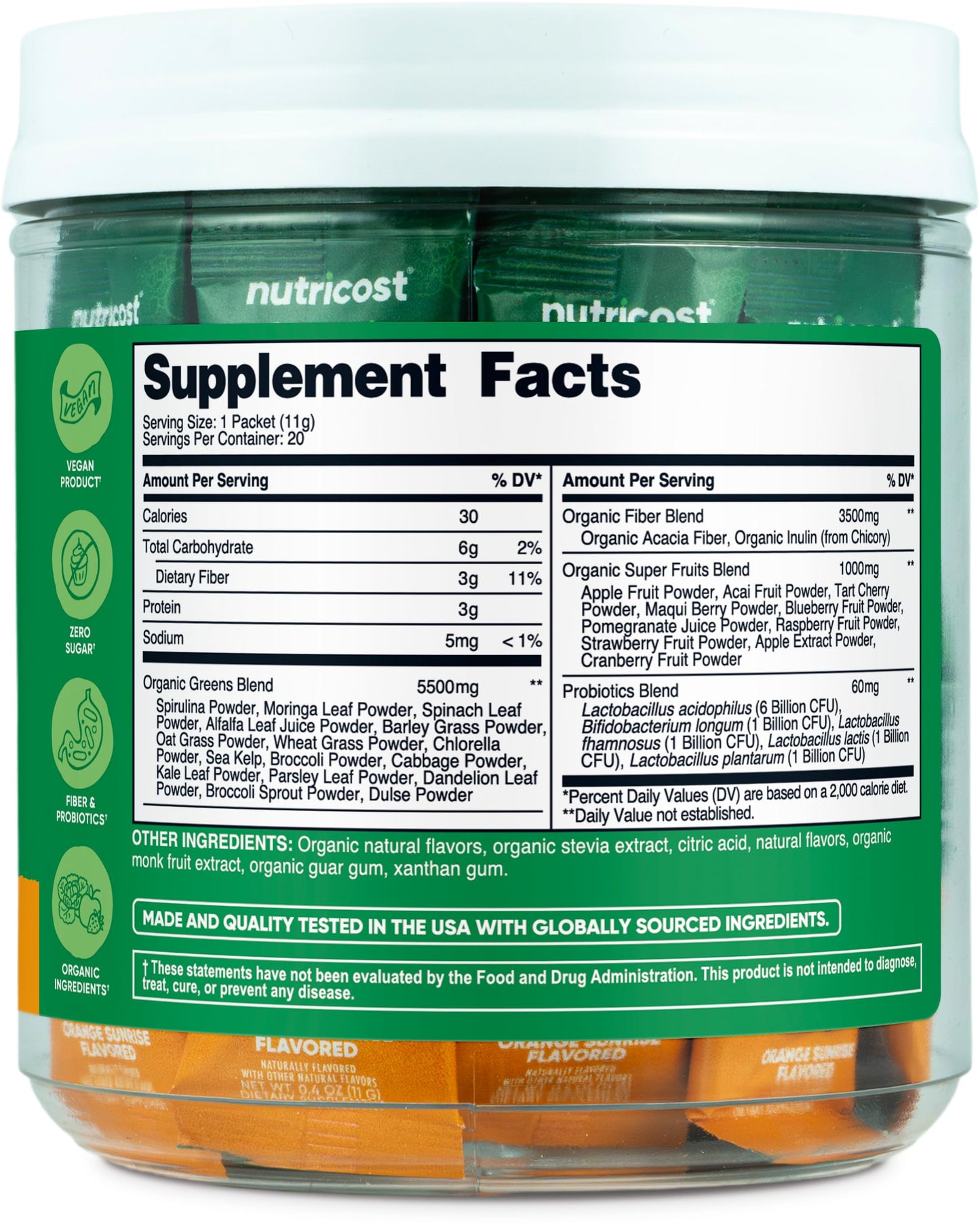 Nutricost Organic Super Greens Orange Sunrise Flavored Powder 8.1 Ounce