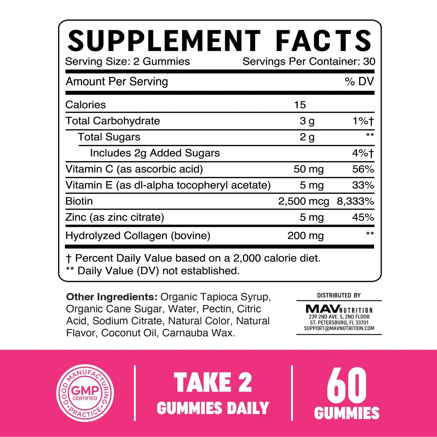 MAV NUTRITION Collagen Gummies for Women, 200mg Hydrolyzed Collagen + 2500mcg Biotin, 60 Gummies