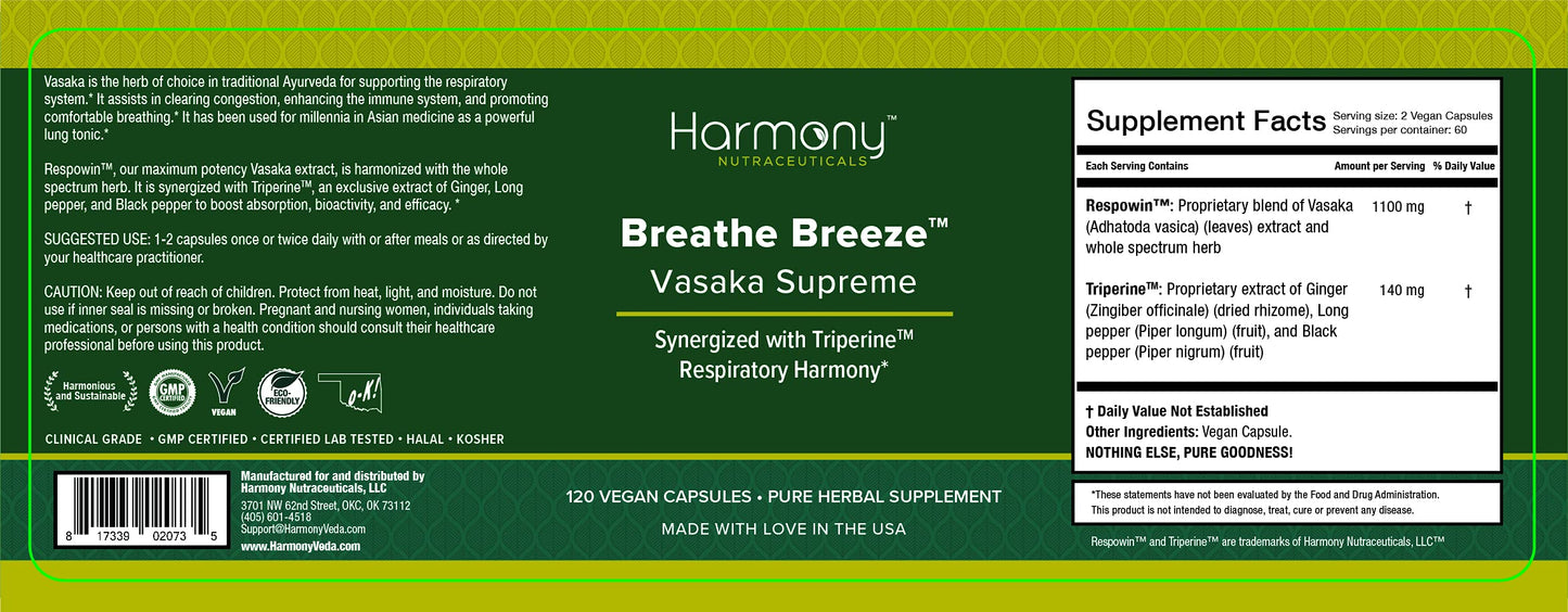Harmony Nutraceuticals Vasaka Synergized with Triperine Ayurvedic Herbal Respiratory Care Capsules 120