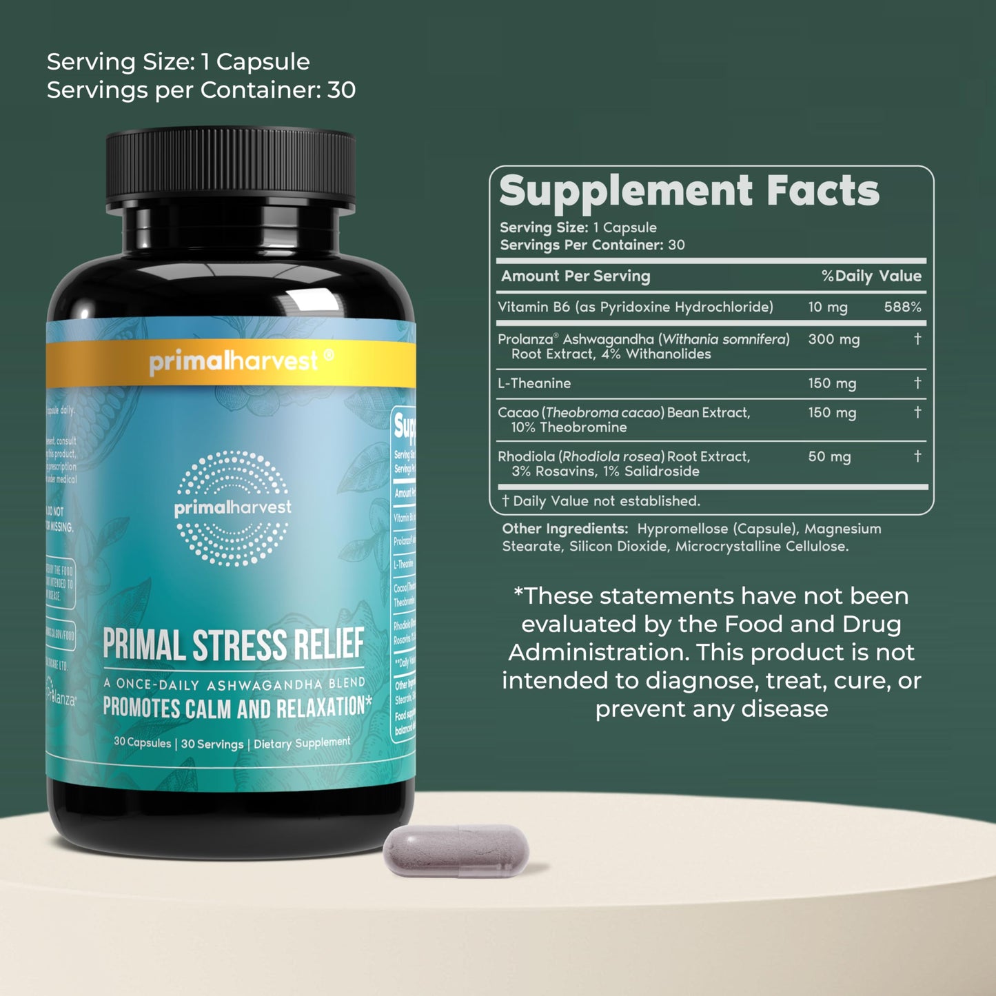 Primal Harvest Stress Relief Daily Supplement Caplets 30 Count