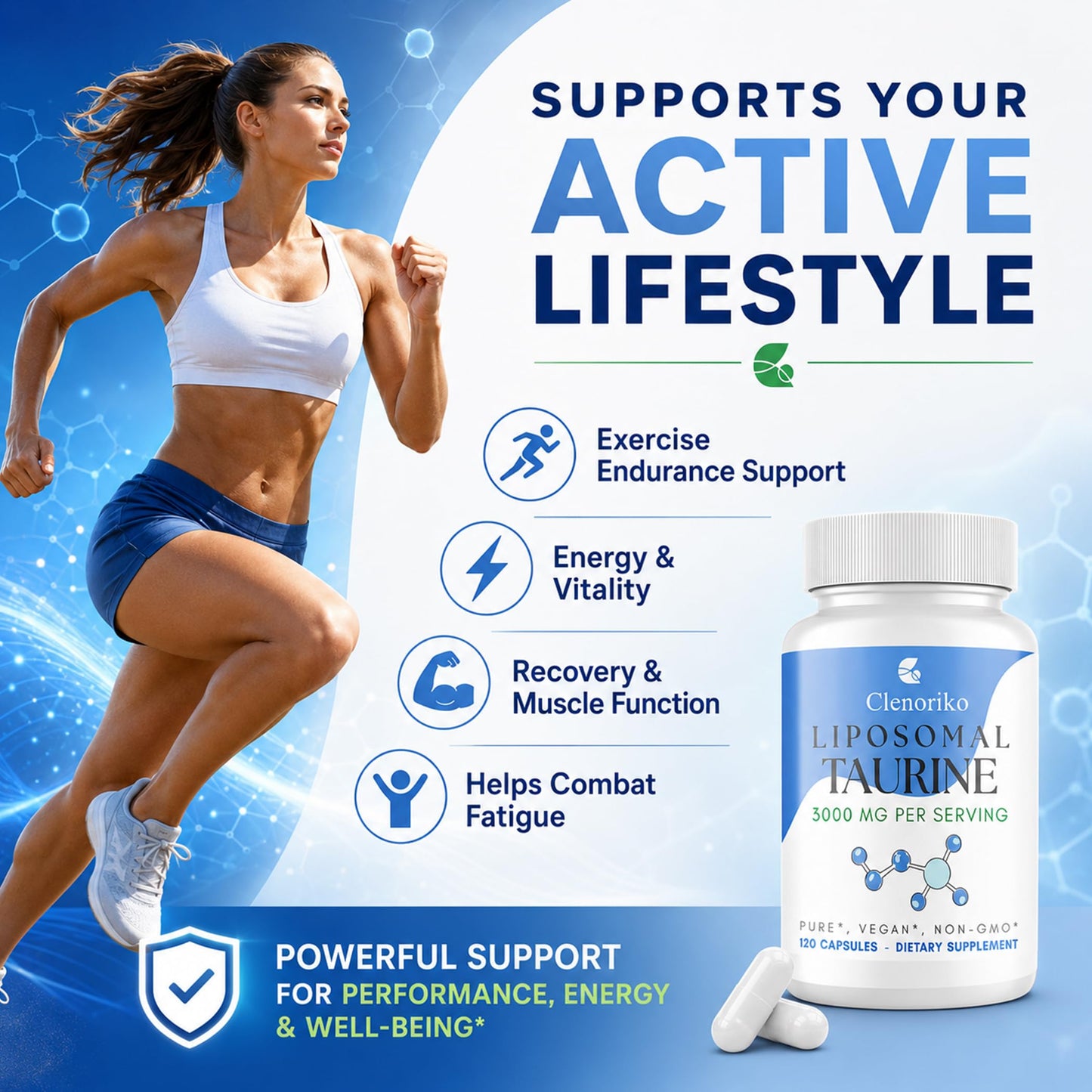 Clenoriko Liposomal Taurine Supplement 3000mg Taurine Capsules Free-Form for Cellular Energy, Muscle Function, Recovery & Focus, Hydration, Electrolyte Balance, Vegan, 240 Capsules