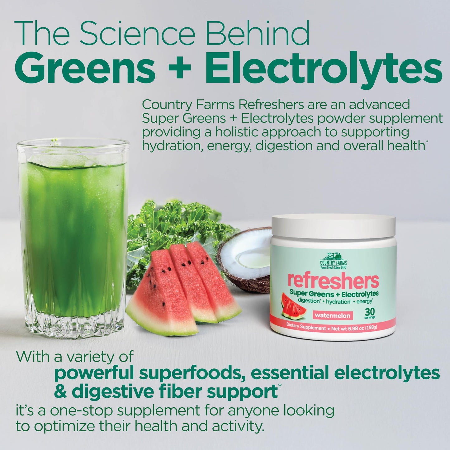 Country Farms Refreshers, Super Greens and Electrolytes, Essential Minerals and Superfoods, Hydration Support, Promotes Natural Energy, with Fiber, Watermelon Powder 6.98 oz