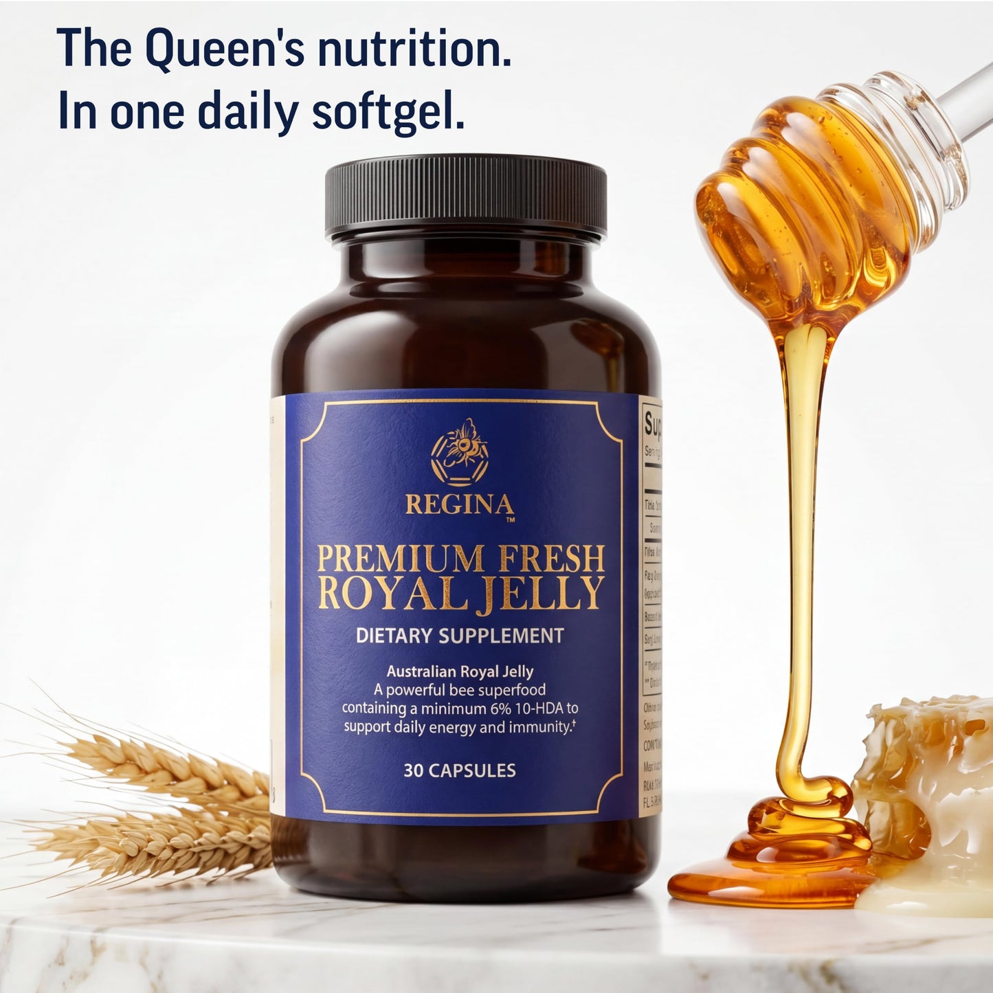 Regina Premium Fresh Royal Jelly 200mg Organic 6% 10-HDA Capsules 90 Count