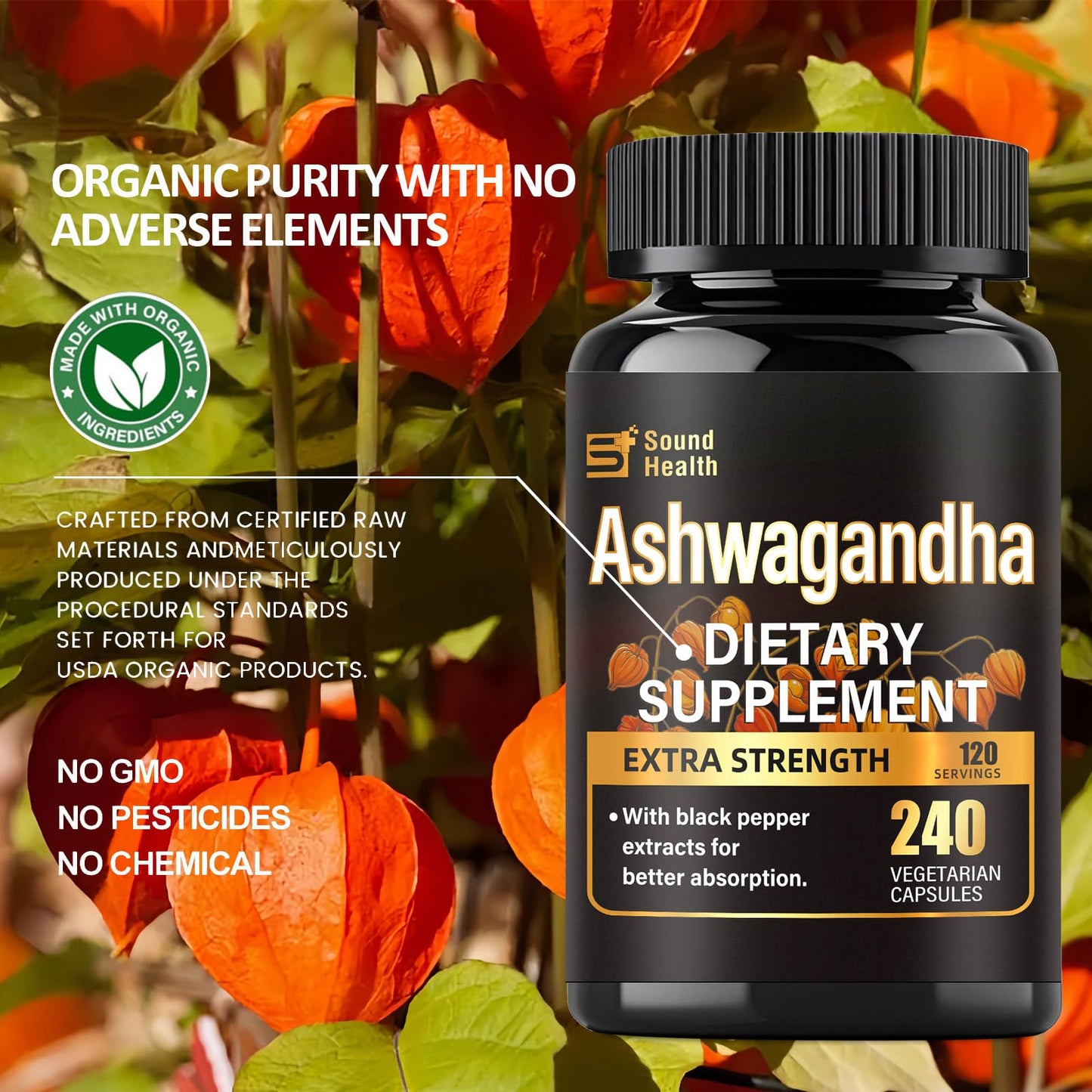 SoundHealth Organic Ashwagandha Capsules 240 Count