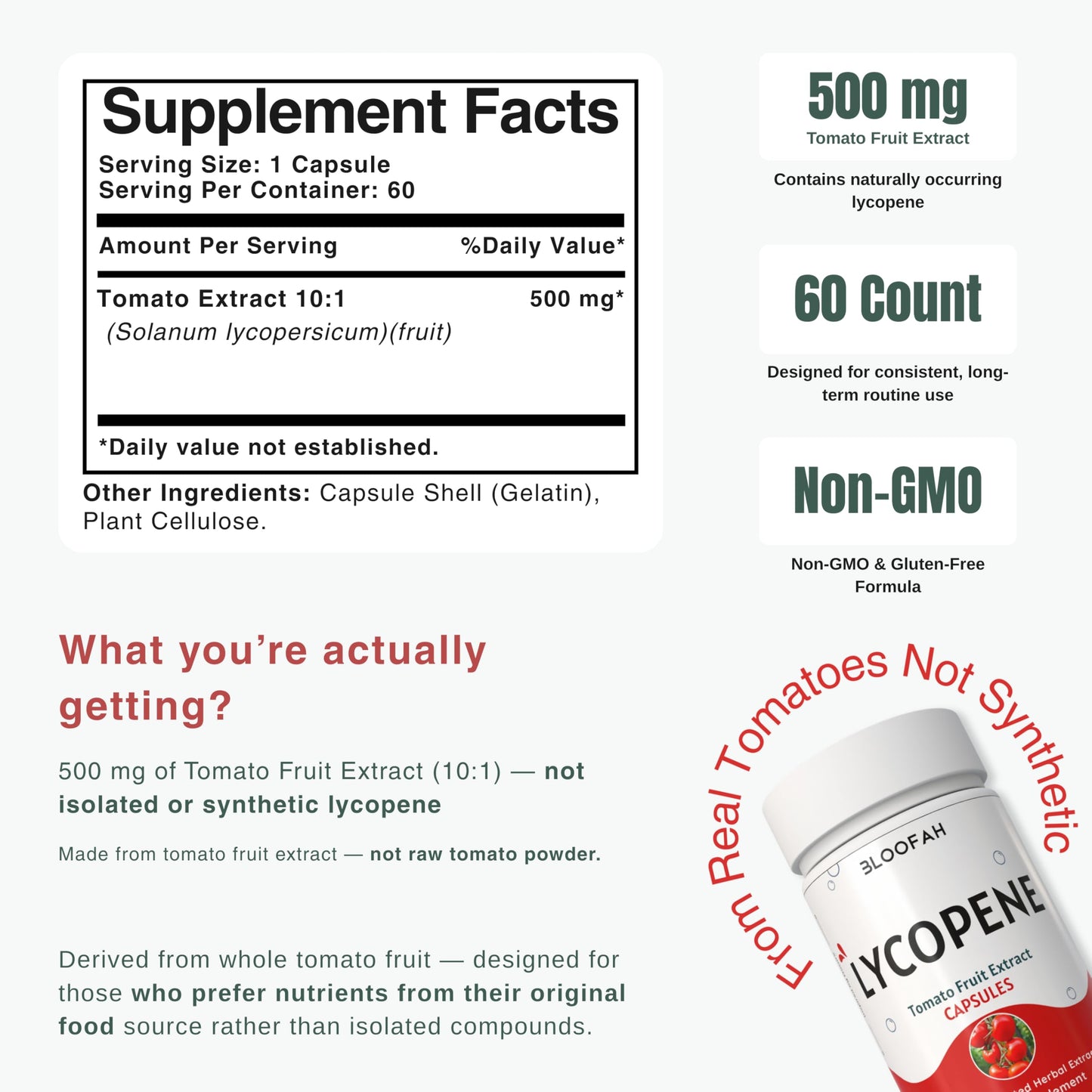 Bloofah Lycopene Supplements for Men 500mg - Natural Tomato Fruit 10:1 Extract - Non-GMO Lycopene Supplement for Prostate, Skin & Antioxidant Support, 60 Capsules
