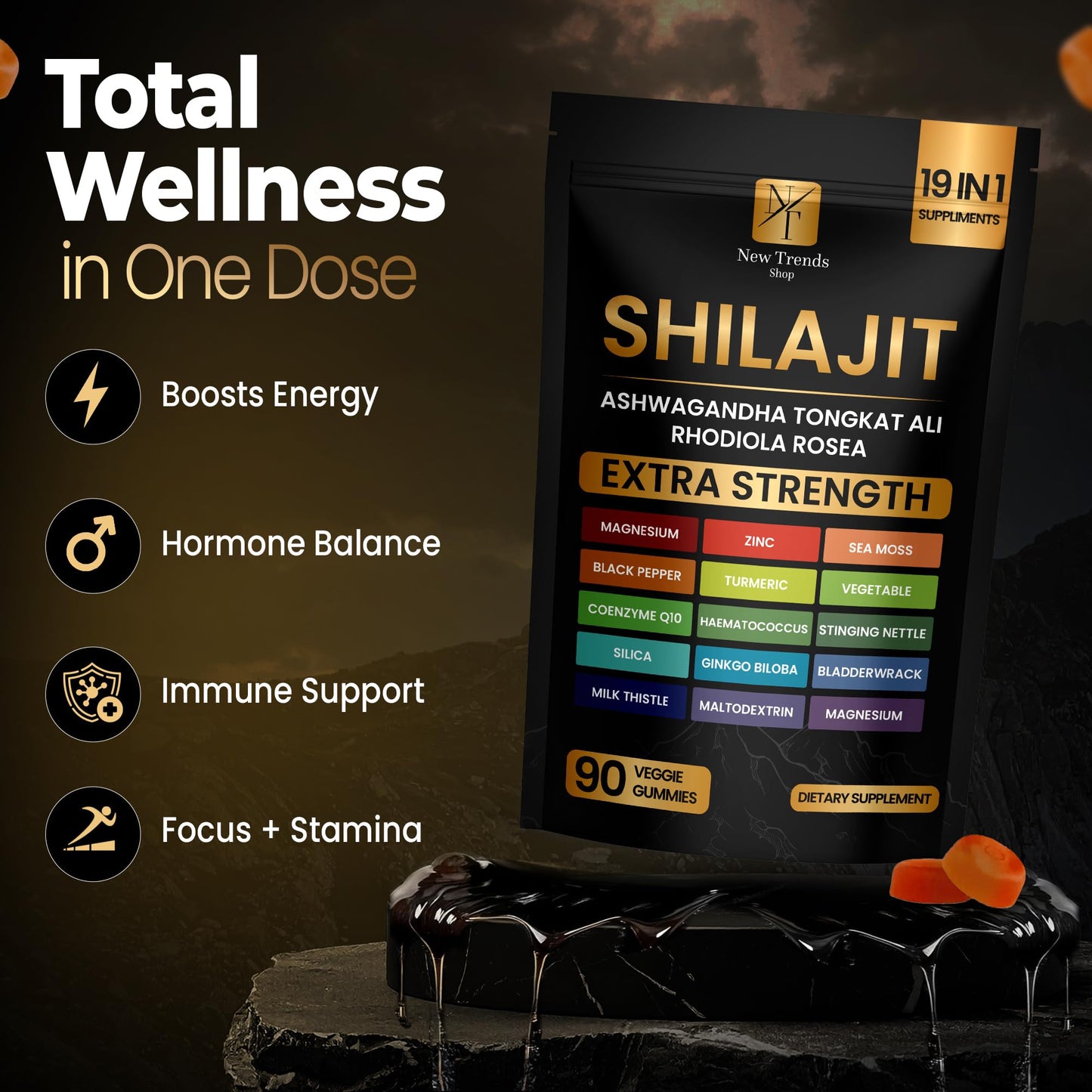 New Trends Shop Shilajit Gummies 19 in 1 with Sea Moss, Ashwagandha, Tongkat Ali, Pure Himalayan Organic Fulvic Acid - 90 Count