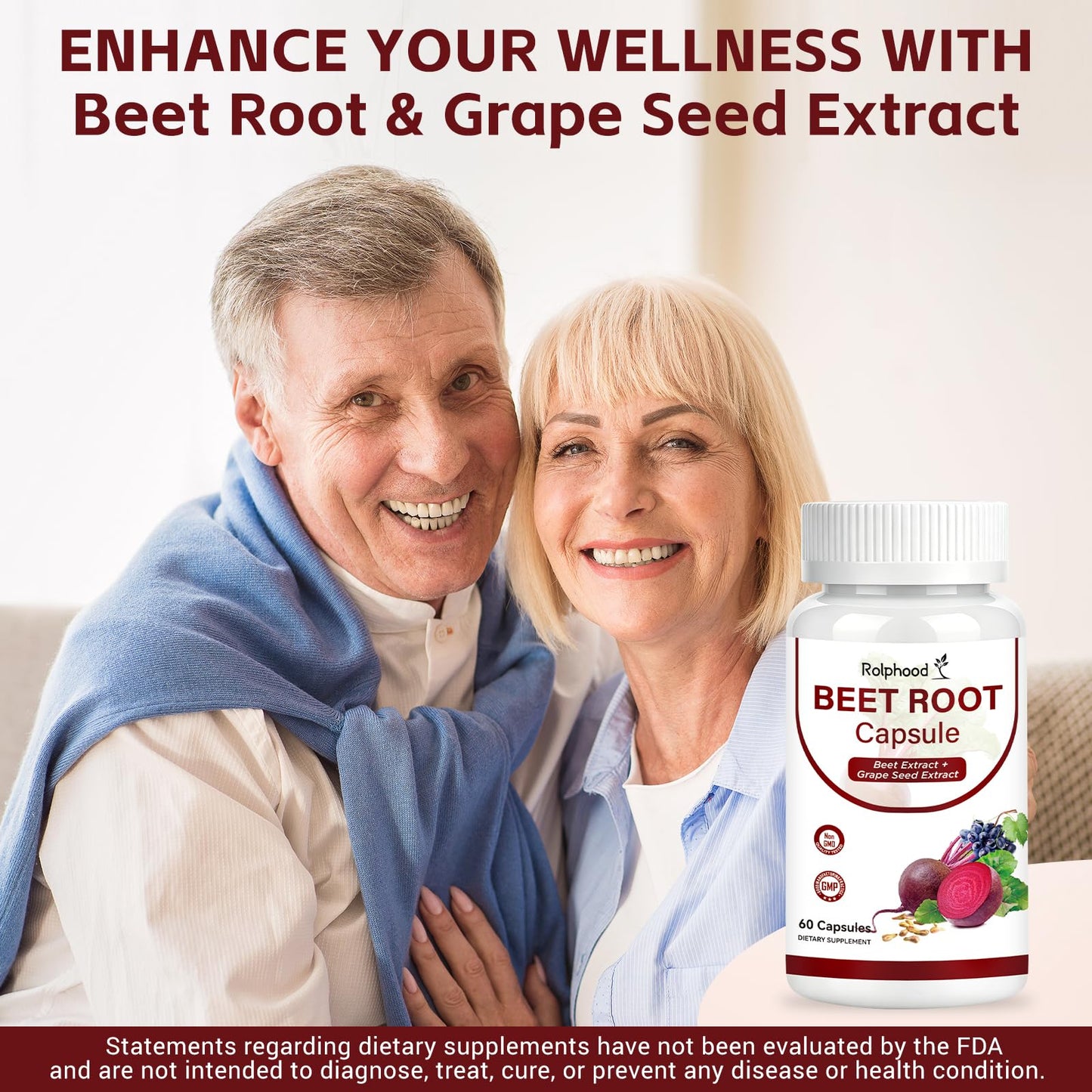 Rolphood 2 in 1 Organic Beet Root + Grape Seed Extract Capsules, 60 Count