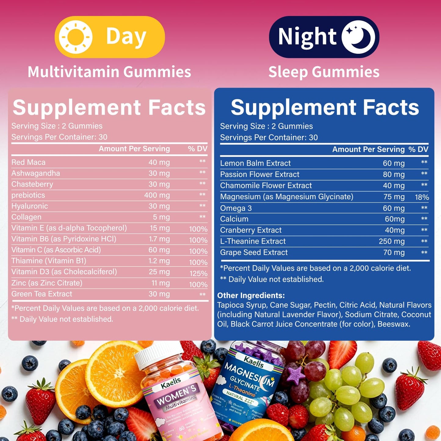 Kaelis Women's AM PM Multivitamin & Magnesium Glycinate Gummies, 120 Count