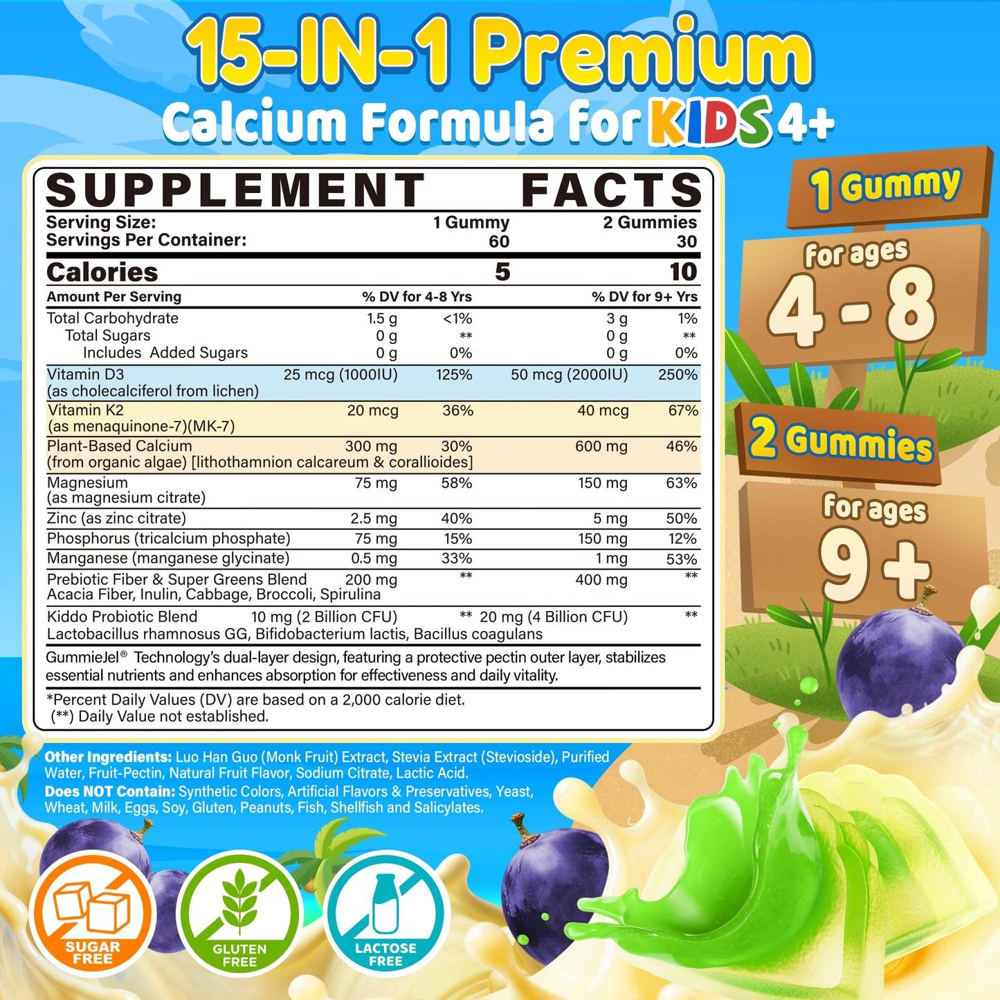 NEVISS Kids Calcium Gummies + Vitamin D3 (1000IU/2000IU), K2, Magnesium, Phosphorus, Probiotic, Algae Calcium Supplement for Kids 4+ & Teens for Bones & Teeth, Extra Calcium Absorption, Sugar Free, 60 Gummies