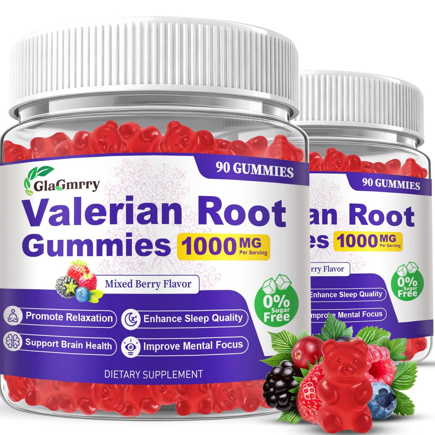GlaGmrry Valerian Root Gummies with Melatonin & L-Theanine, Gummy, 180 Count