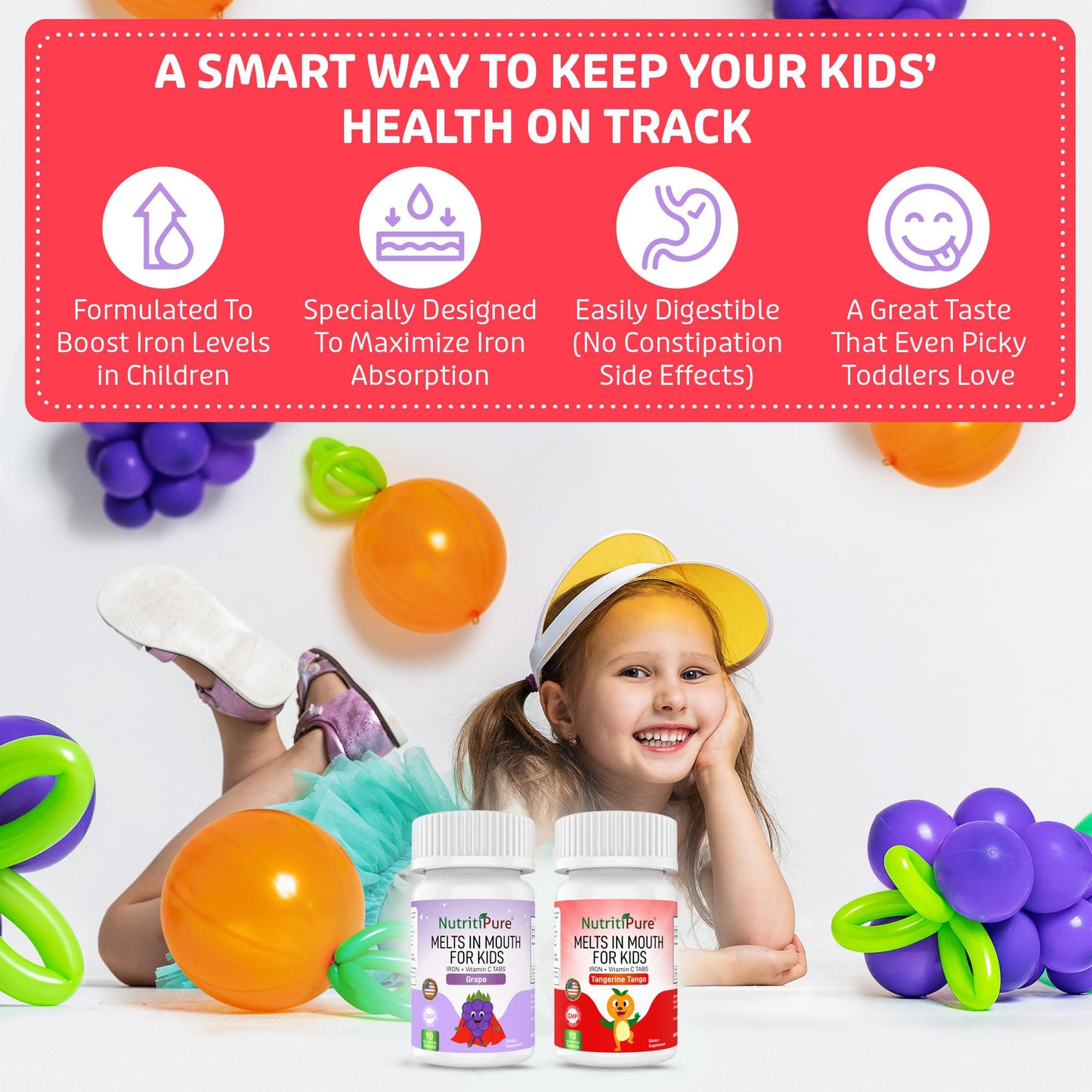 NutritiPure Kids Chewable Iron Supplement with Ferronyl Carbonyl Iron 9 mg and Vitamin C 30 mg, 90 Tablets