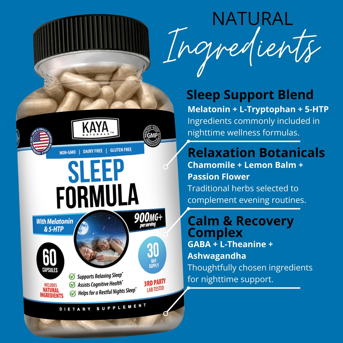 Kaya Naturals Sleep Support Formula with Melatonin, 60 Capsules