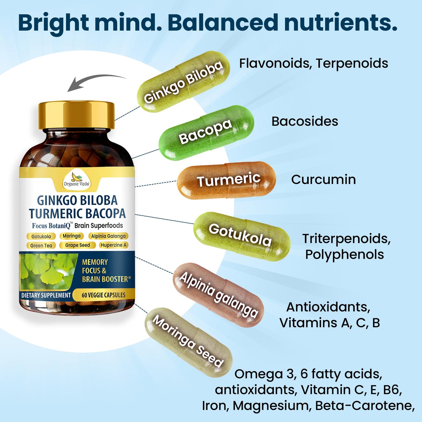 Organic Veda Ginkgo Biloba Turmeric Bacopa Brain Supplements 60 Capsules