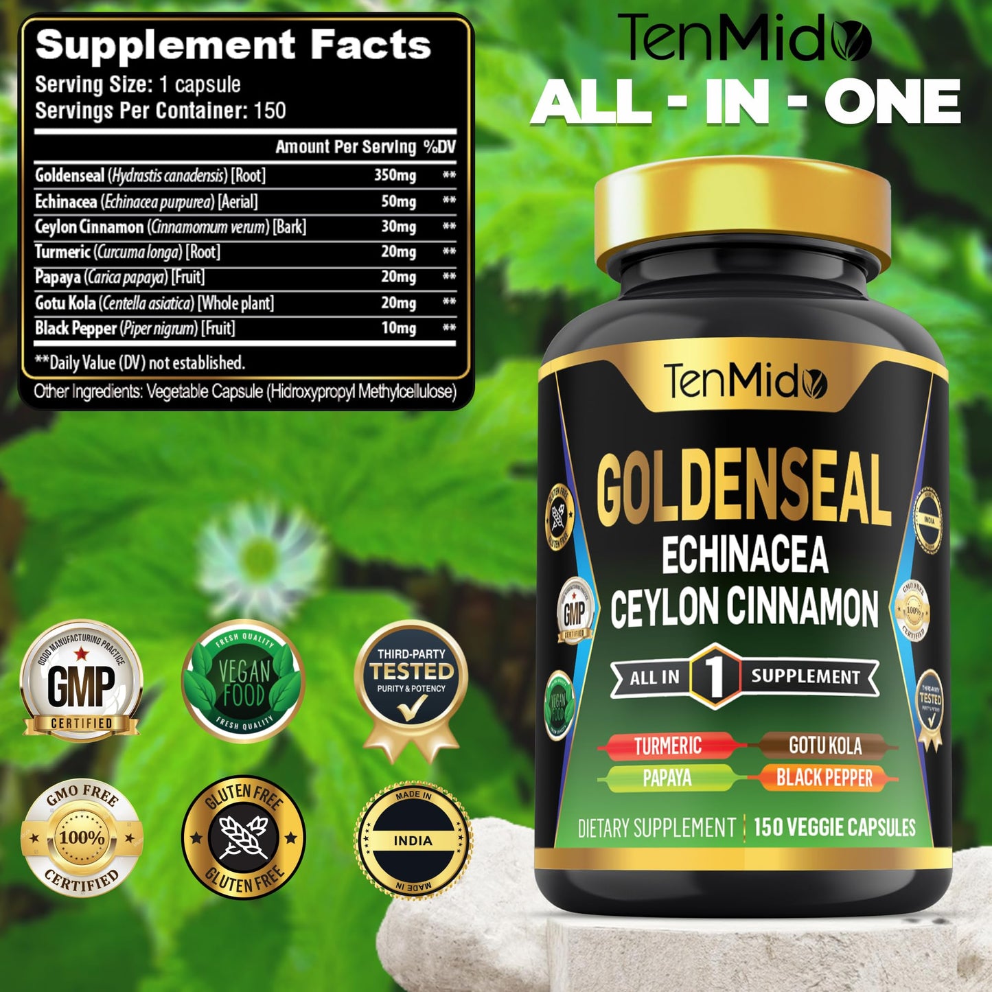 Tenmido Goldenseal Root Supplement Capsules, 150 Count