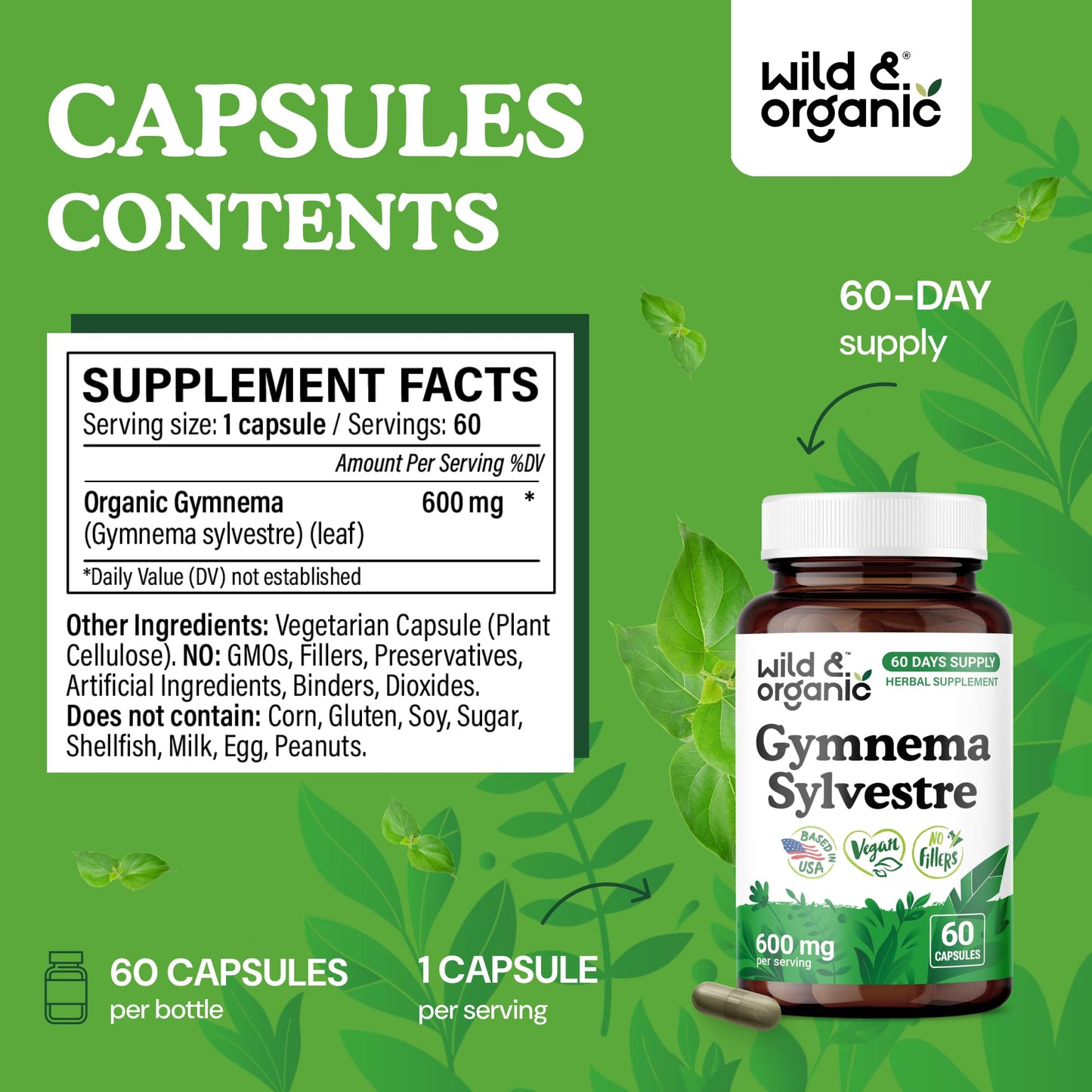 Wild & Organic Gymnema Sylvestre Capsules 600 mg - 60 Count