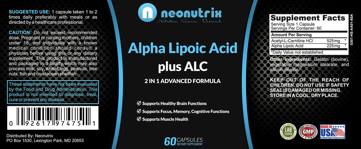 Neonutrix Nutrition, Science, Research Alpha Lipoic Acid Plus Acetyl L-Carnitine Antioxidant Supplement ALA ALC Capsule, 60 Count