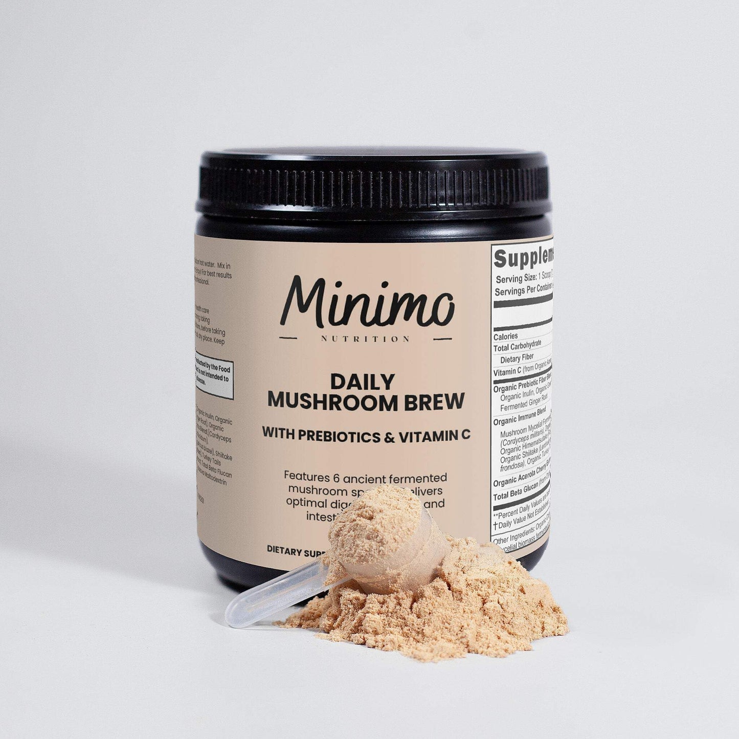 Minimo Nutrition Organic Mushroom Blend with Prebiotic Fiber, Green Tea Extract, and Vitamin C Powder, 7.4