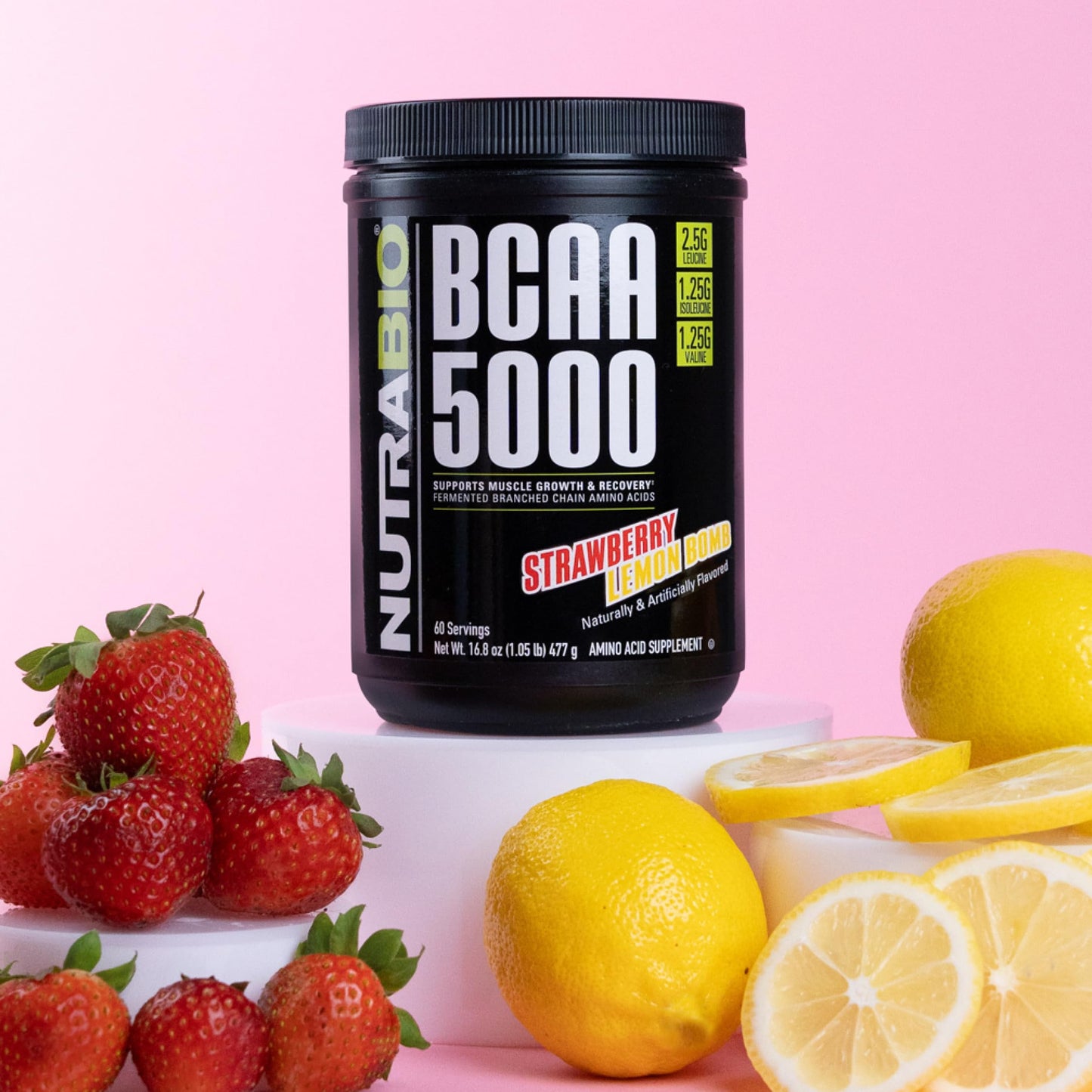 NutraBio BCAA 5000 Powder - Vegan Fermented BCAAs - 60 Servings - Strawberry Lemon Bomb