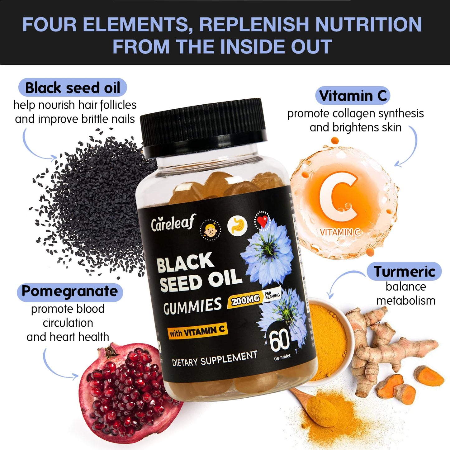 careleaf Black Seed Oil Gummies with Turmeric & Pomegranate, 60 Gummies
