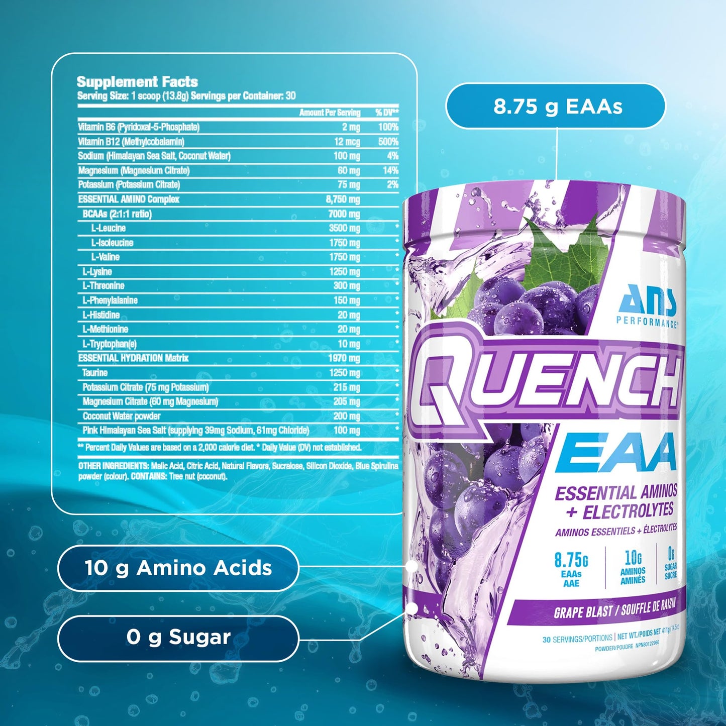 ANS Performance Quench EAA Aminos + Electrolytes Powder – Complete Blend of 9 EAAs – 10g Total Amino Acids – Vitamins, Antioxidants, Electrolytes – Zero Sugar, Carbs, Calories (Grape Blast) – 14.6 oz
