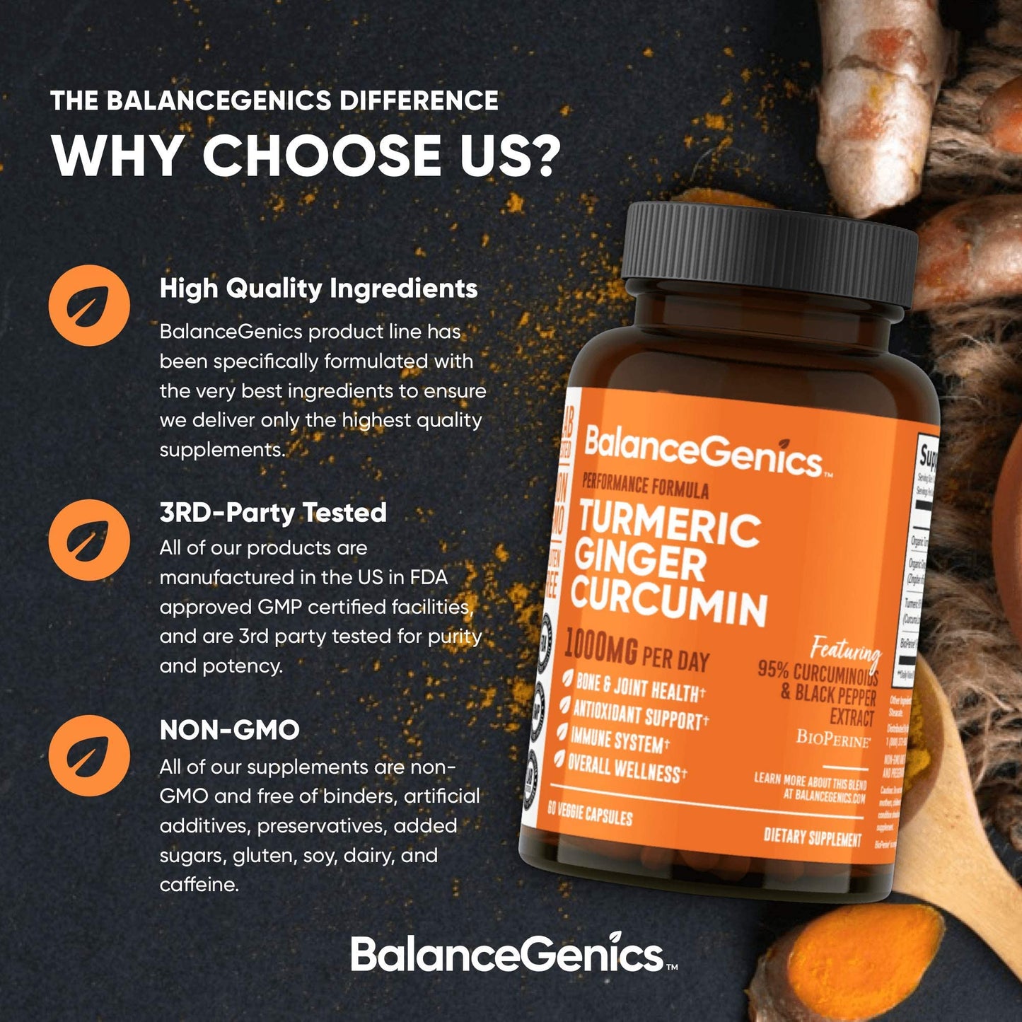 BalanceGenics Turmeric Curcumin Supplement with Black Pepper & Ginger Root 1000mg Capsules 60 Count