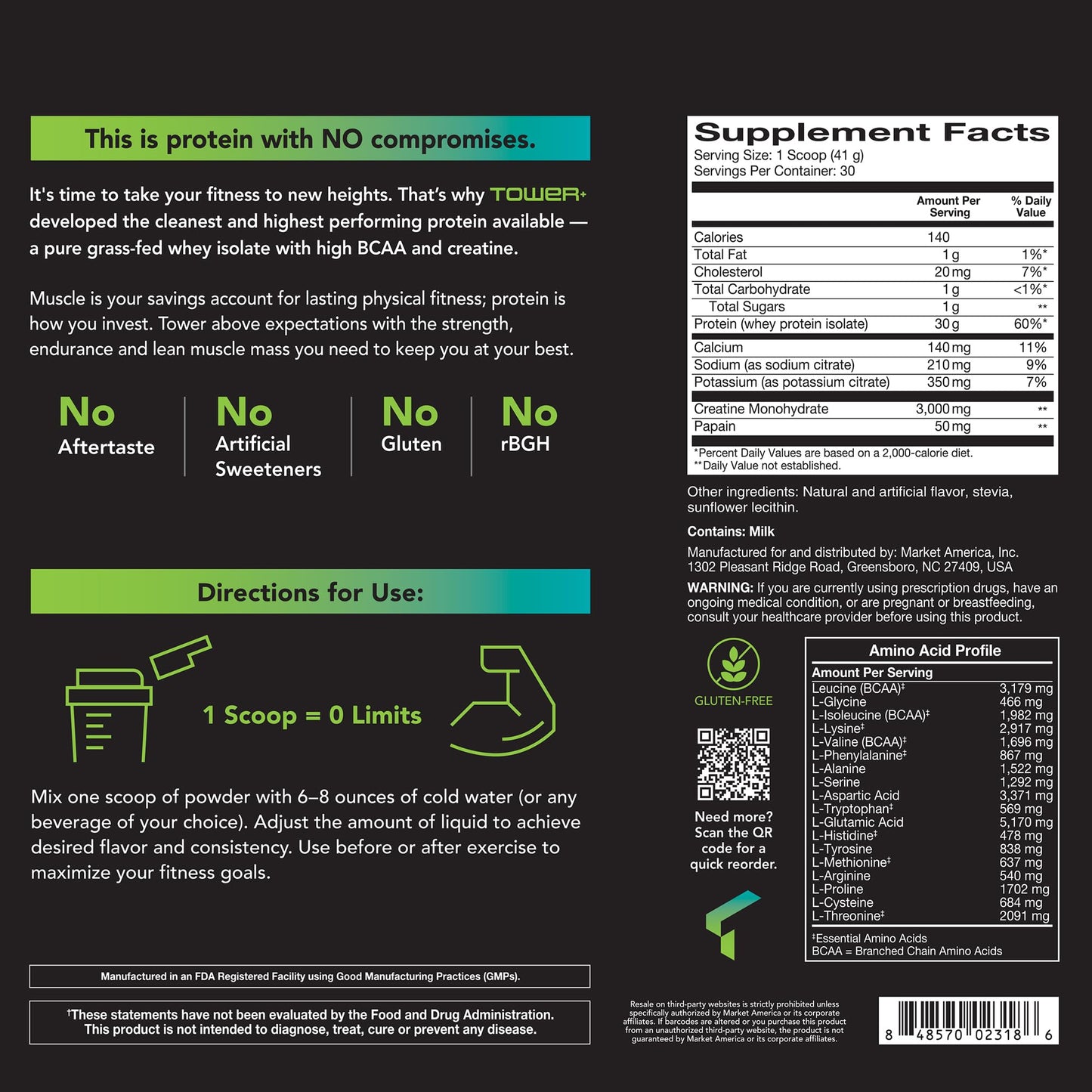 Market America Tower+ Pure Whey Protein Isolate Powder with Creatine - Muscle Recovery & Growth Support Formula, 30g Protein per Serving, BCAAs, Gluten-Free, 30 Servings
