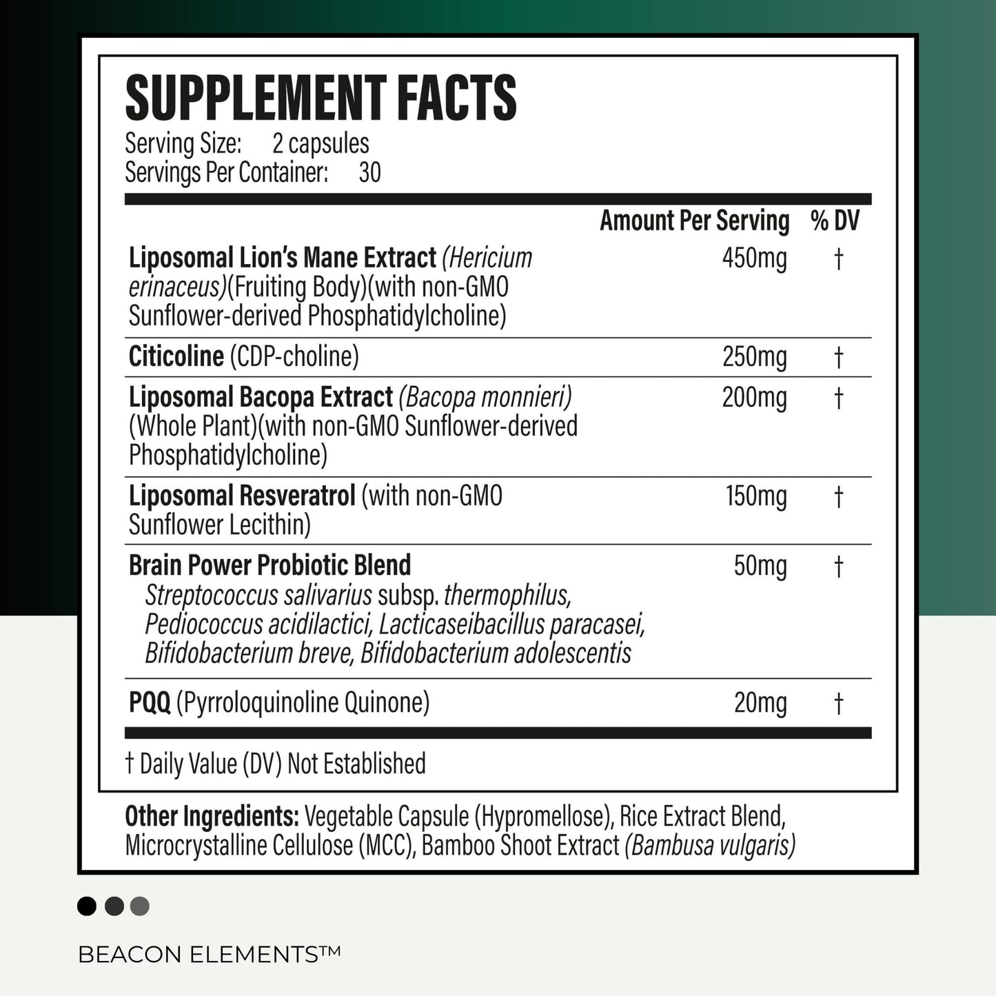 BEACON ELEMENTS Sharper Memory Brain Supplement for Memory & Focus Capsules, 60 Count