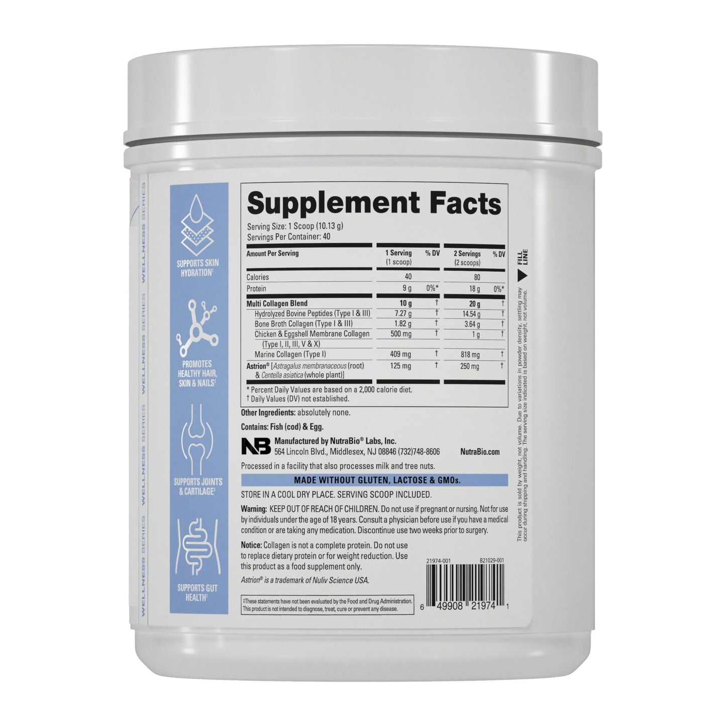 NutraBio Multi Collagen Powder - Hydrolyzed Collagen Peptides for Glowing Hair & Skin - Grass-Fed - Collagen Powder for Women and Men - 14.2 Ounce