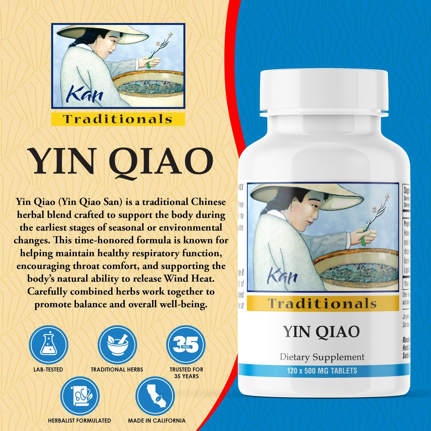 Kan Herb Yin Qiao Traditional Chinese Herbal Formula for Respiratory Support, Throat Comfort, and Seasonal Balance, Helps Release Wind Heat, Herbal Supplement, 120 Tablets