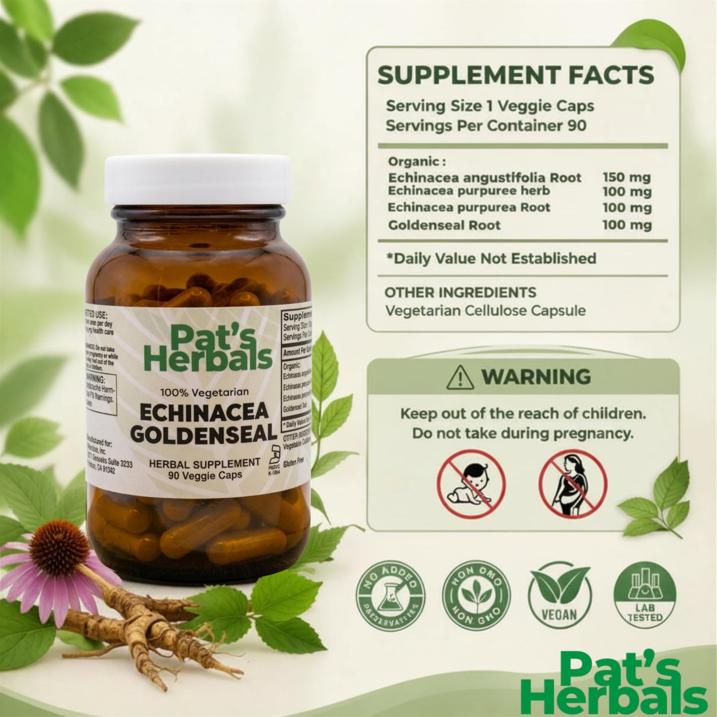 Pat's Herbals Echinacea Goldenseal Capsules 90 Count