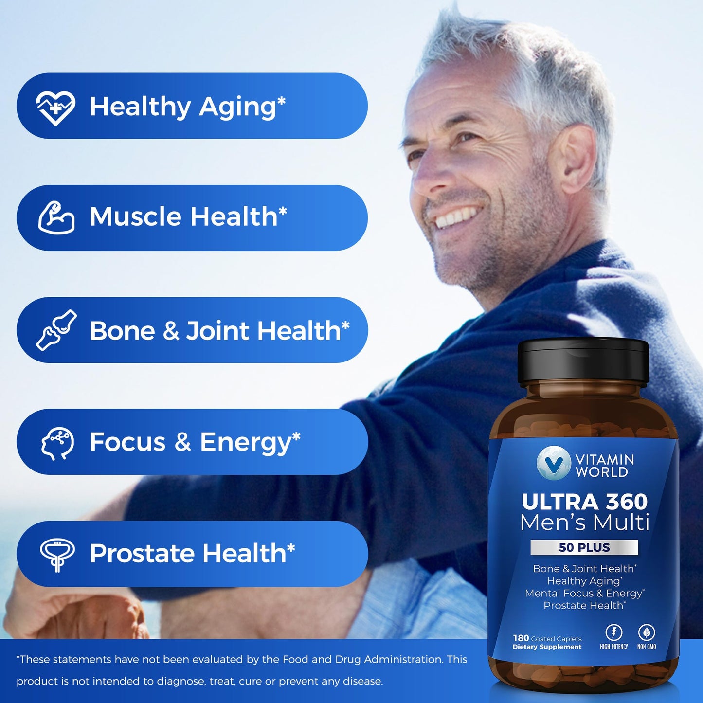 Vitamin World Ultra 360 Multivitamin for Men 50 Plus Caplets, 180 Count