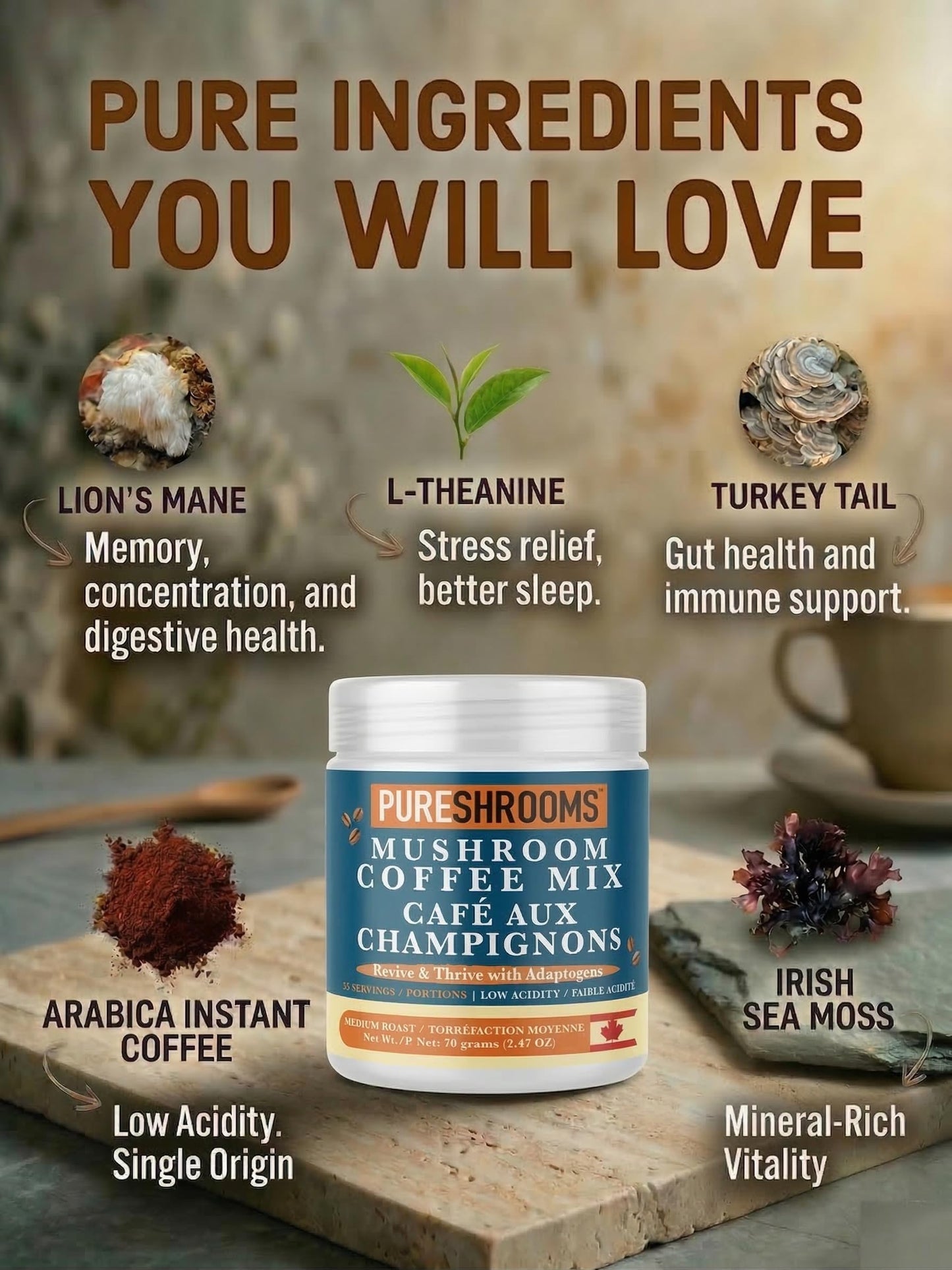 PureShrooms Sea Moss Instant Mushroom Coffee Powder 70g (2.47oz)