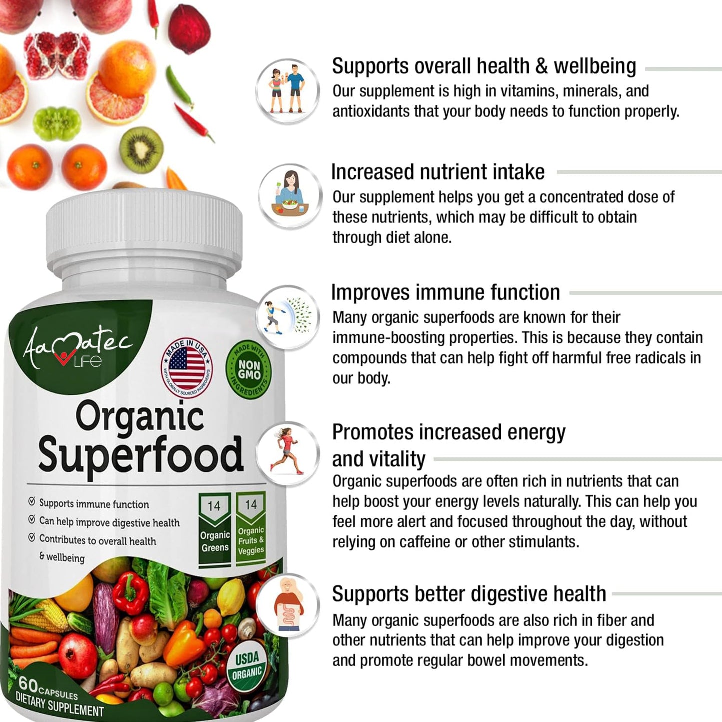 AAMATEC LIFE Organic Superfood Greens, Fruits & Veggies Complex with Alfalfa & Antioxidant Organic Ingredients Non-GMO Capsules 240